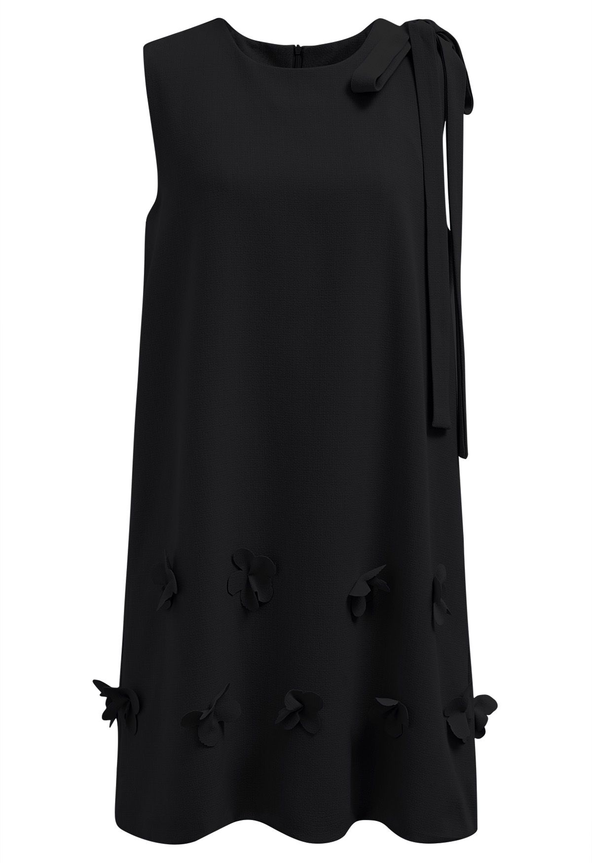 Flower Applique Bowknot Sleeveless Dress in Black