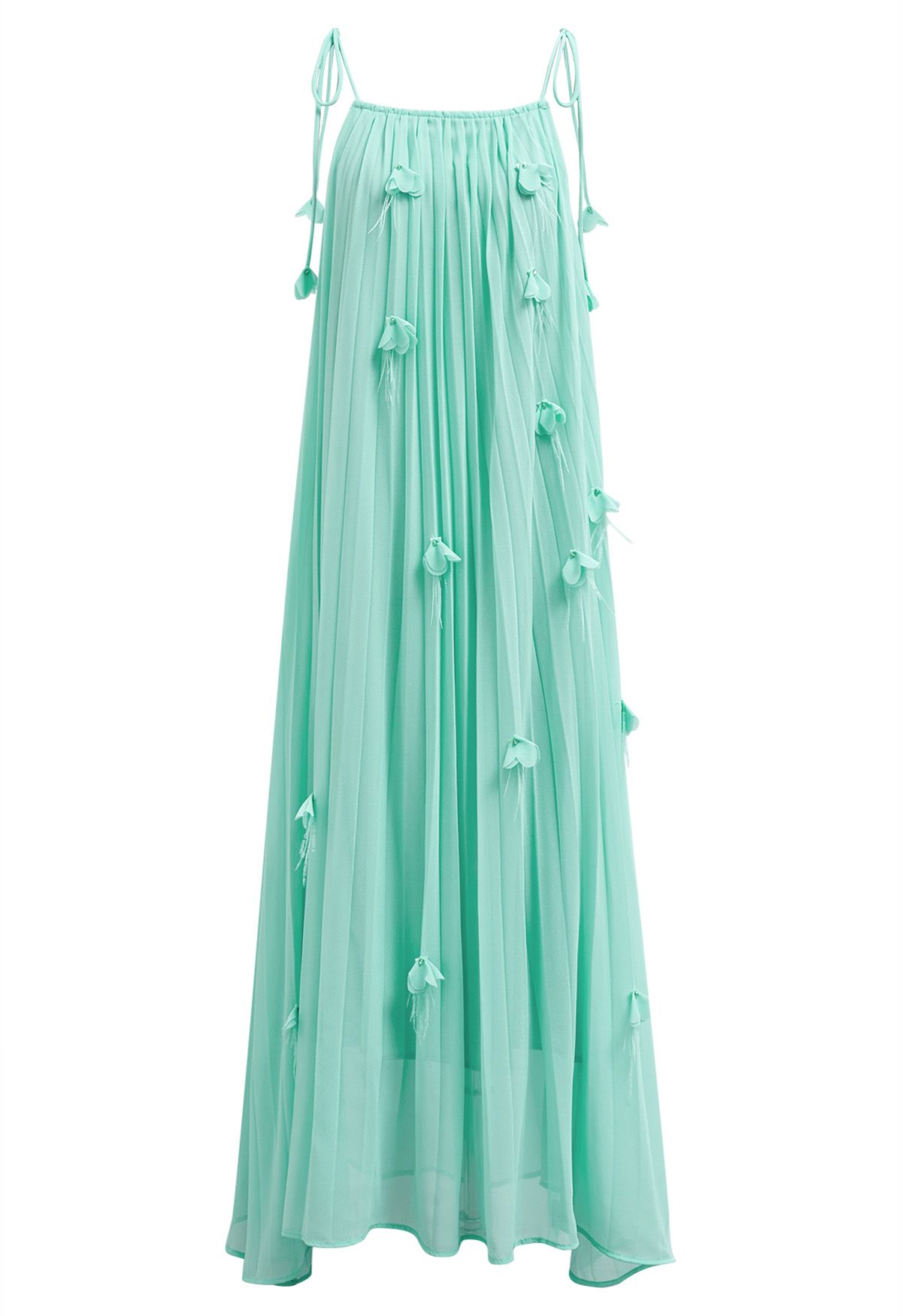3D Floral Tie-Shoulder Chiffon Pleated Dress in Mint