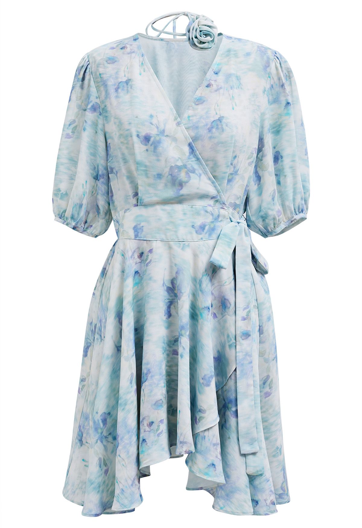 Watercolor Blue Floral Wrap Mini Dress with Choker