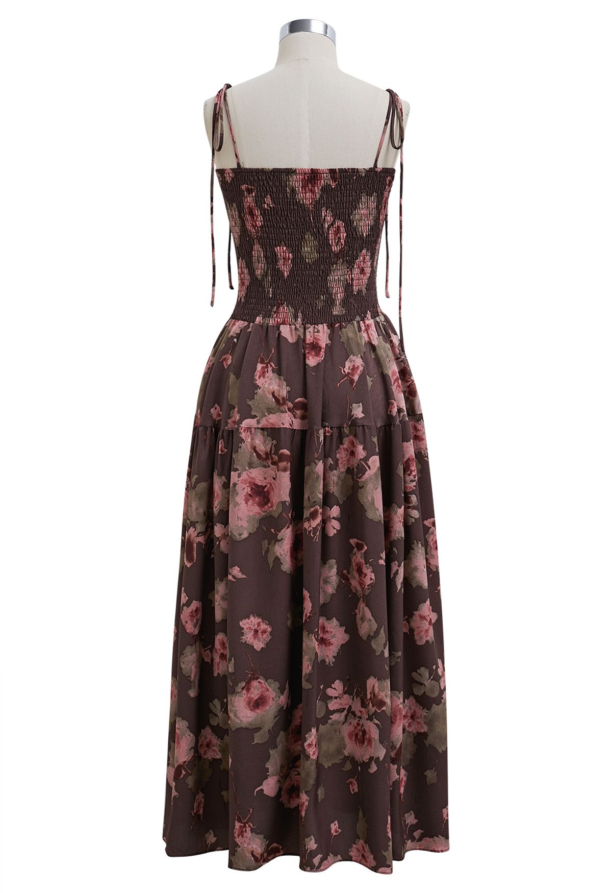 Floral Tie-Shoulder Shirring Midi Dress in Burgundy