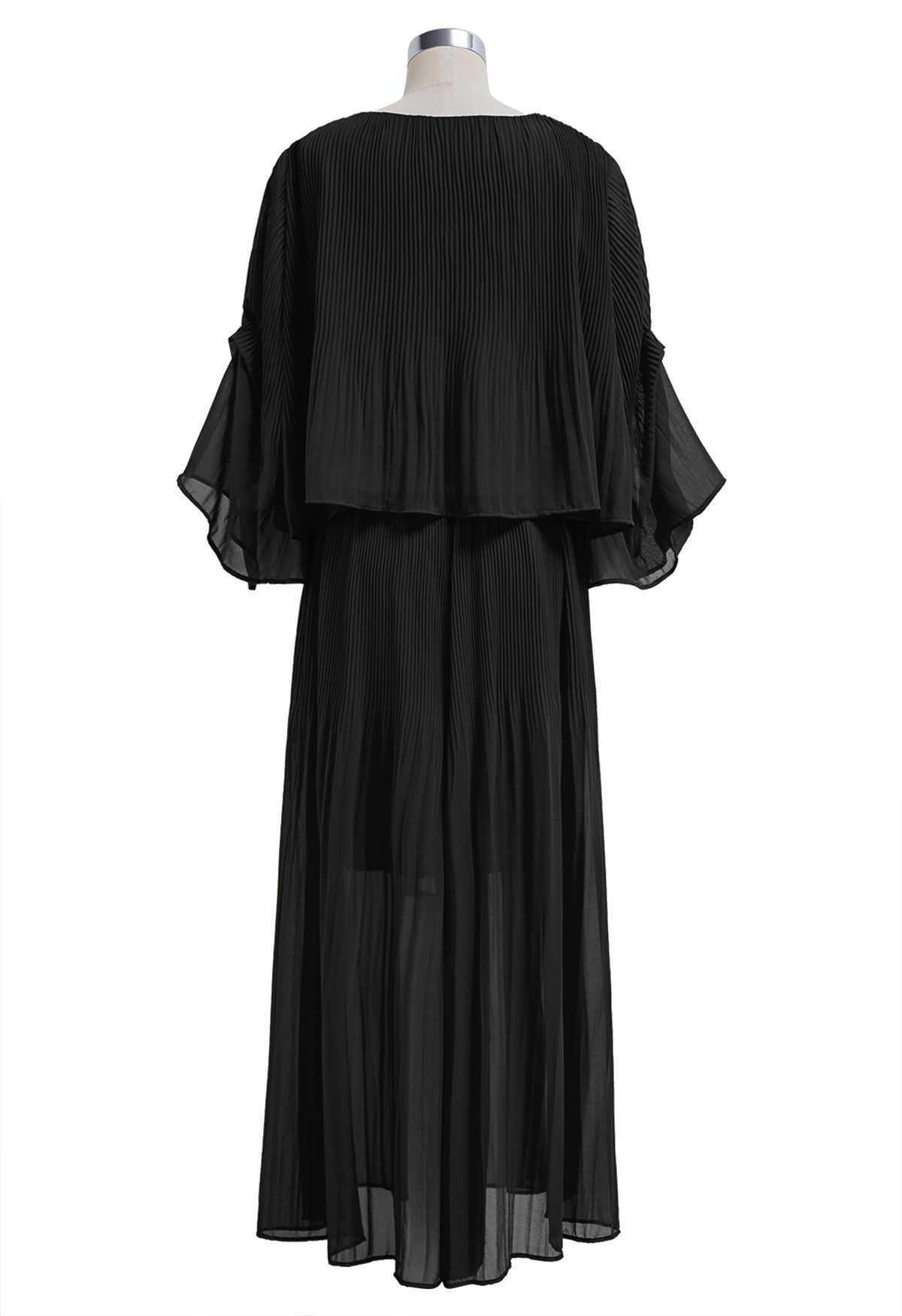 Plisse Bell Sleeves Chiffon Top and Pants Set in Black