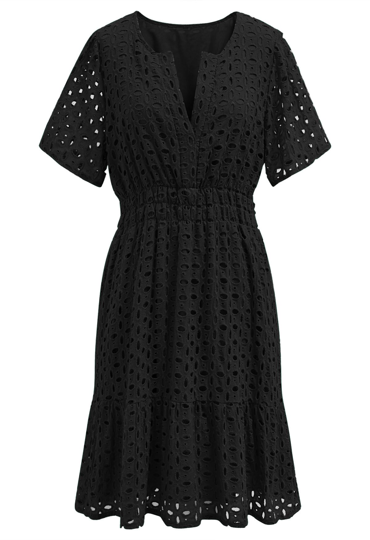 Eyelet Embroidery V-Neck Cotton Dress in Black