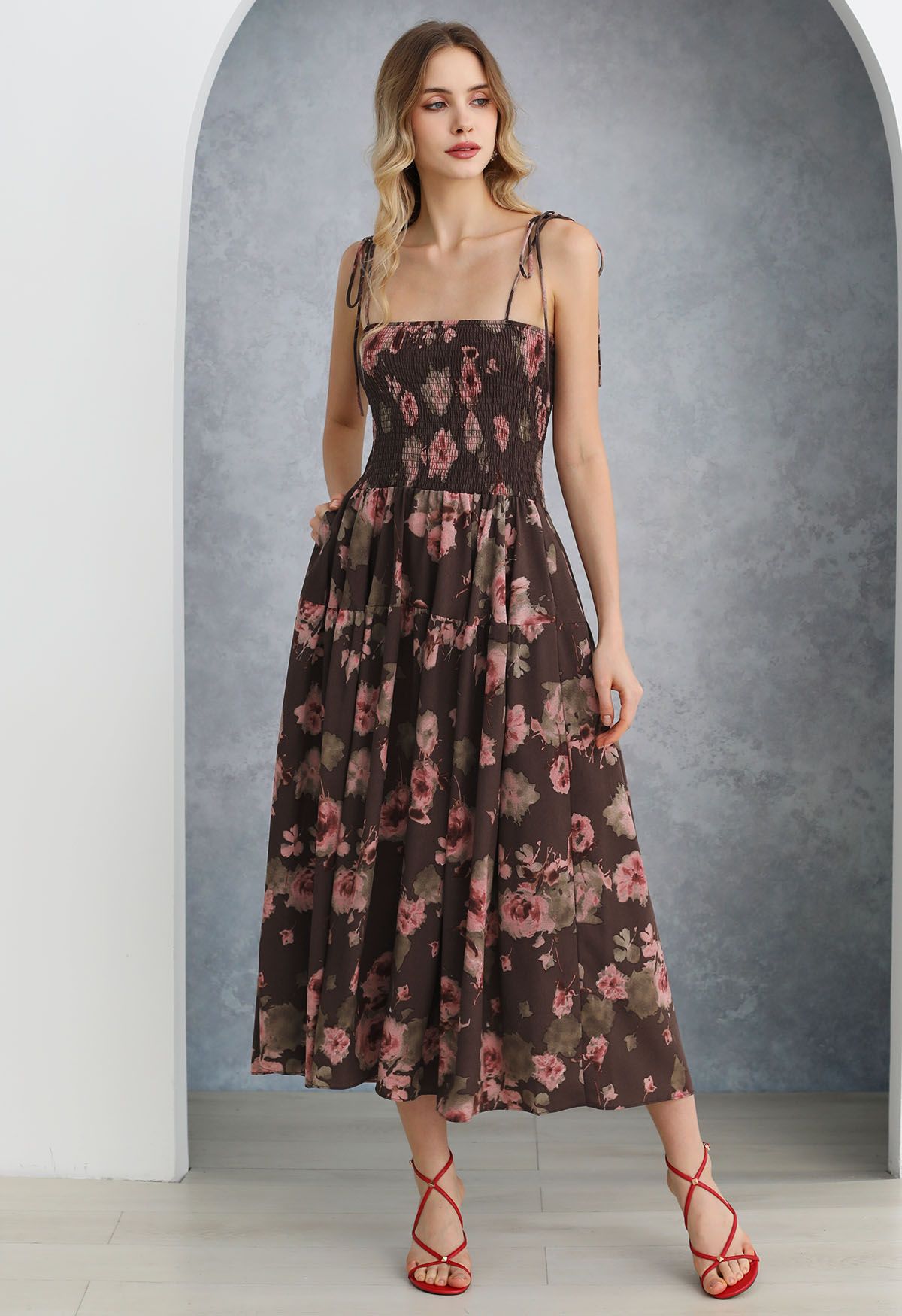 Floral Tie-Shoulder Shirring Midi Dress in Burgundy