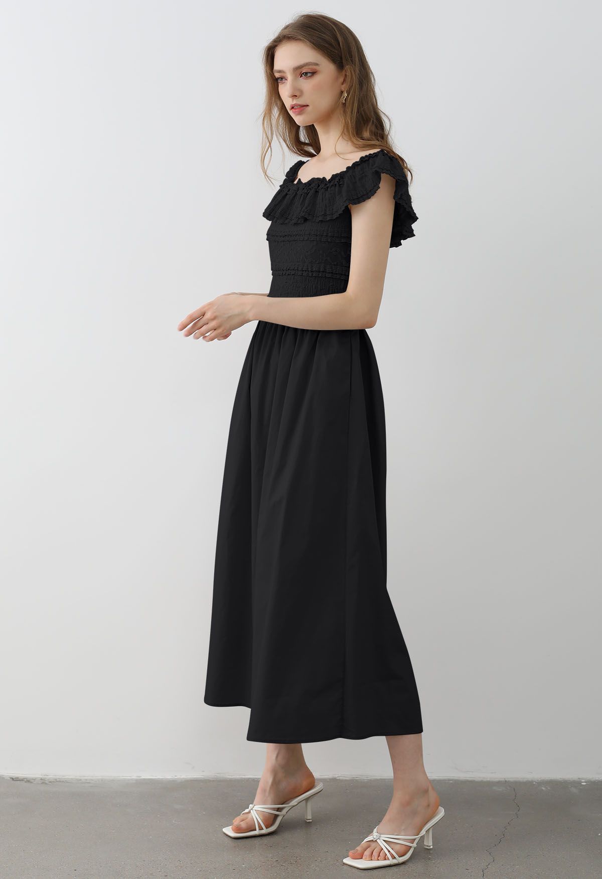 Tiered Lace Off-Shoulder Spliced Dress in Black