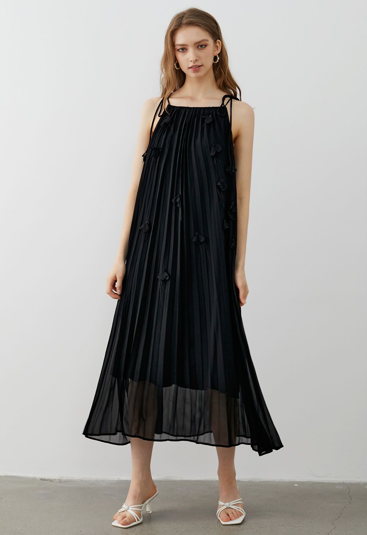 3D Floral Tie-Shoulder Chiffon Pleated Dress in Black