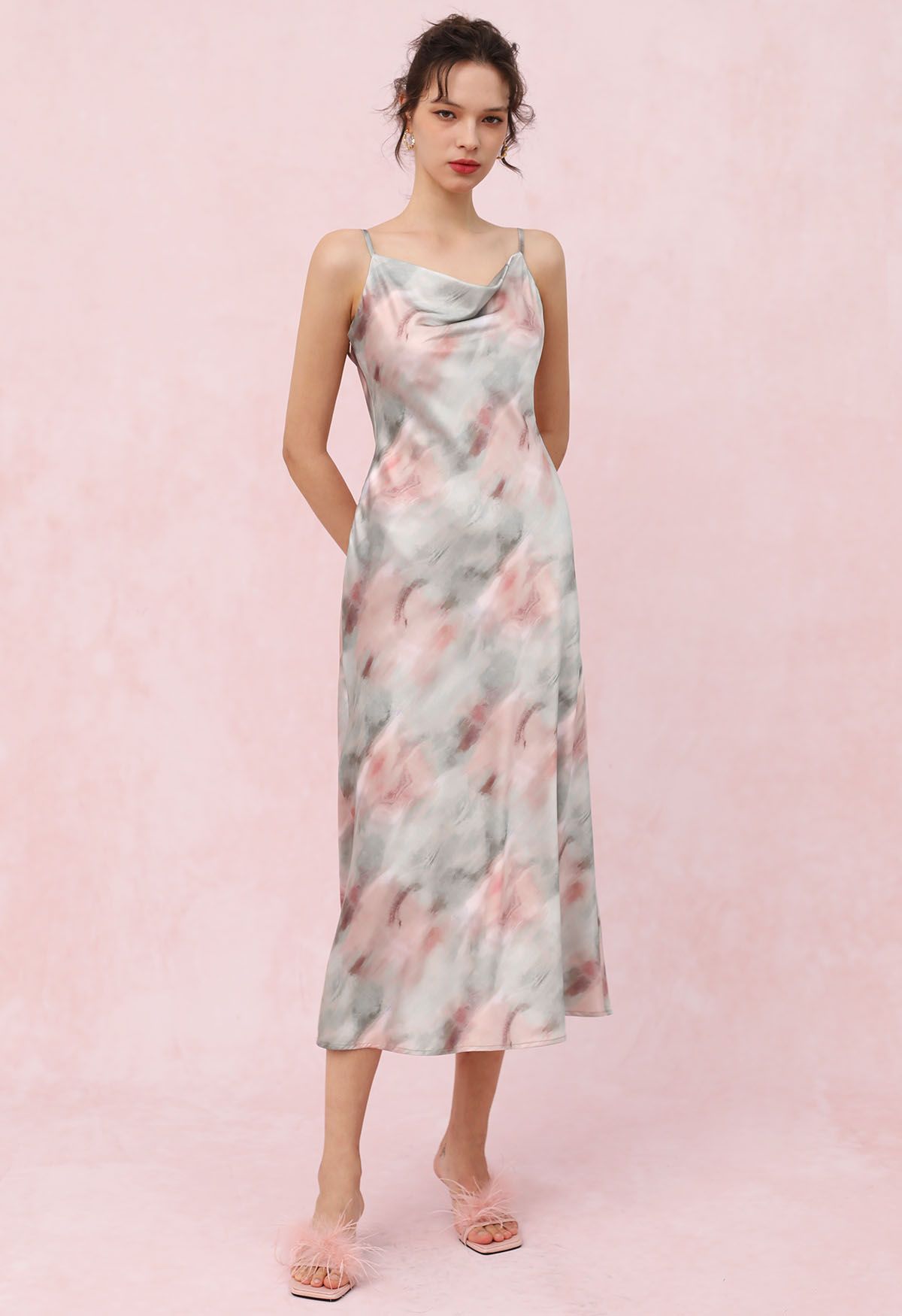 Watercolor Print Cowl Neck Cami Dress