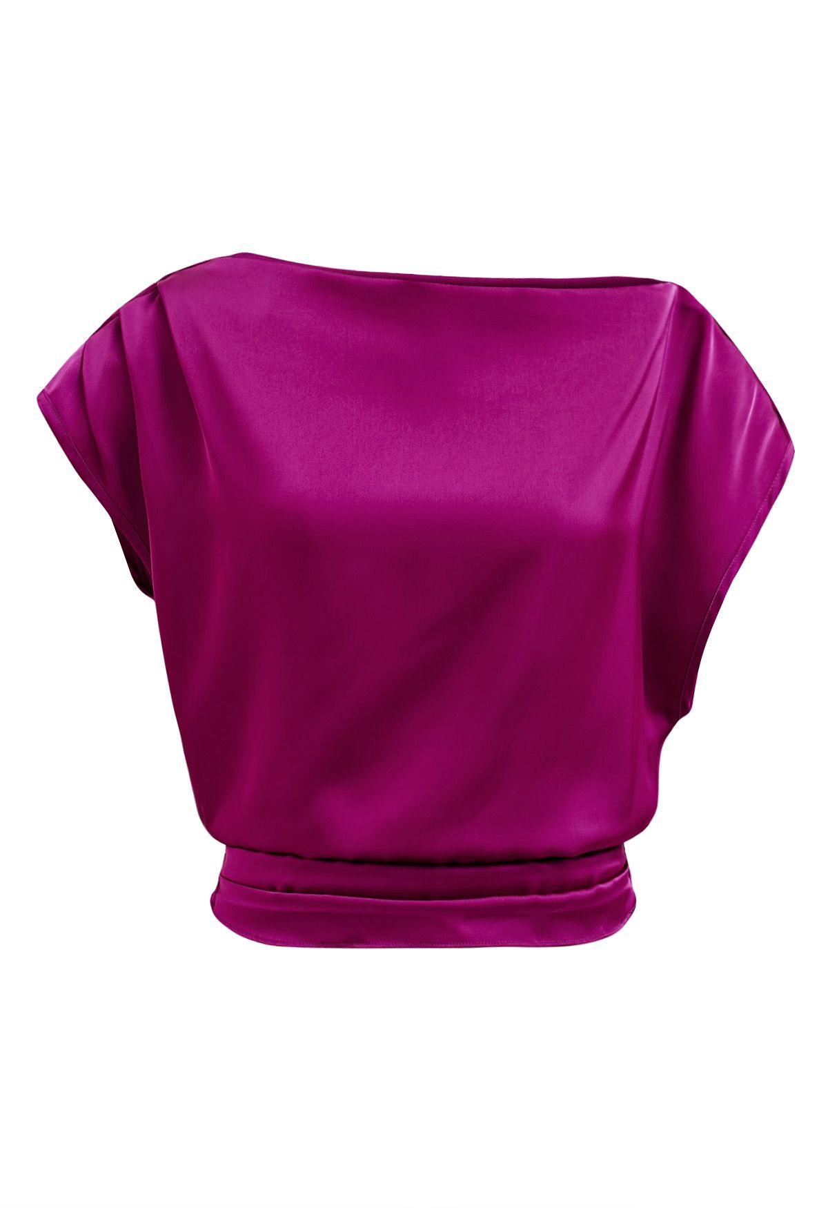 One-Shoulder Shirred Back Satin Top in Magenta