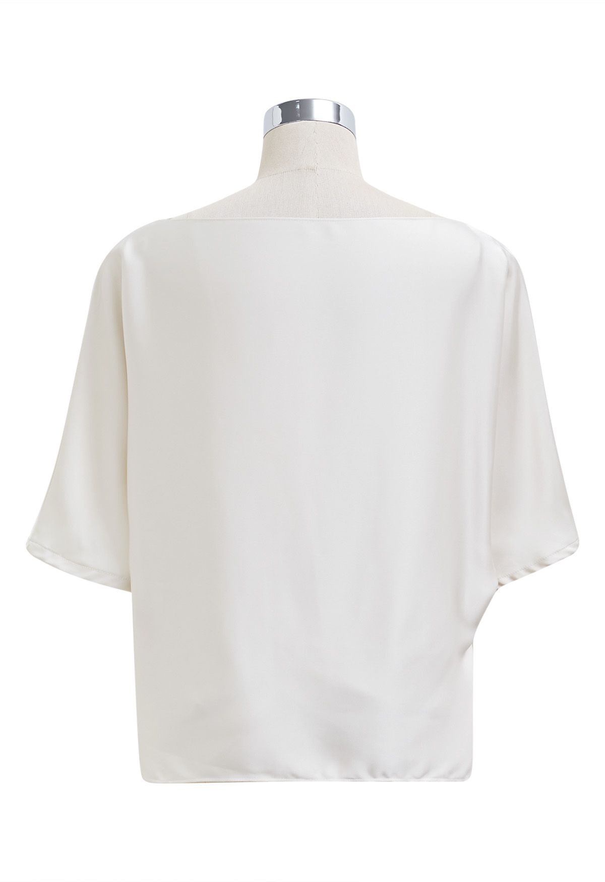 Boat Neck Tie-Waist Satin Top in Ivory