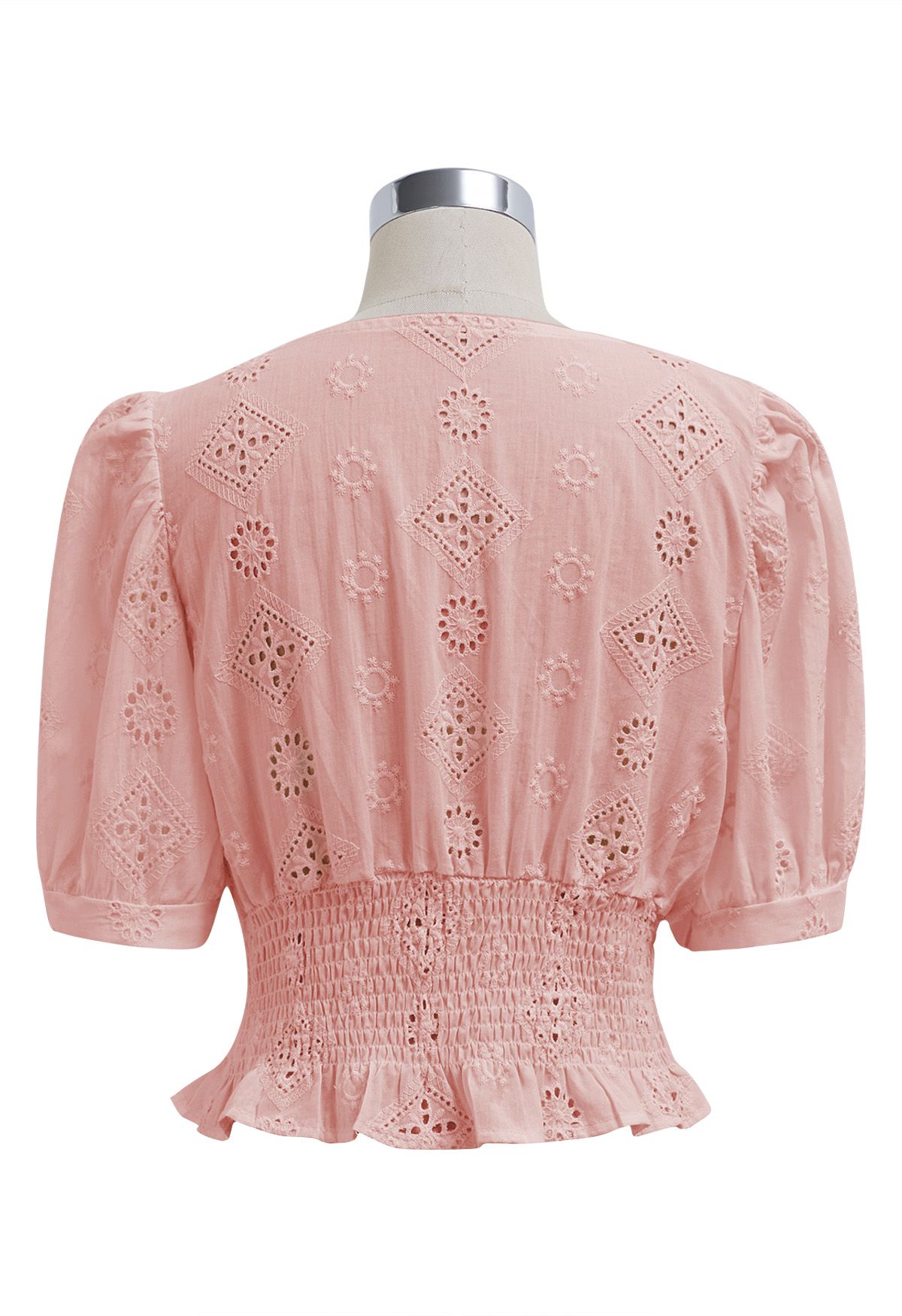 V-Neck Button Trim Eyelet Crop Top in Pink