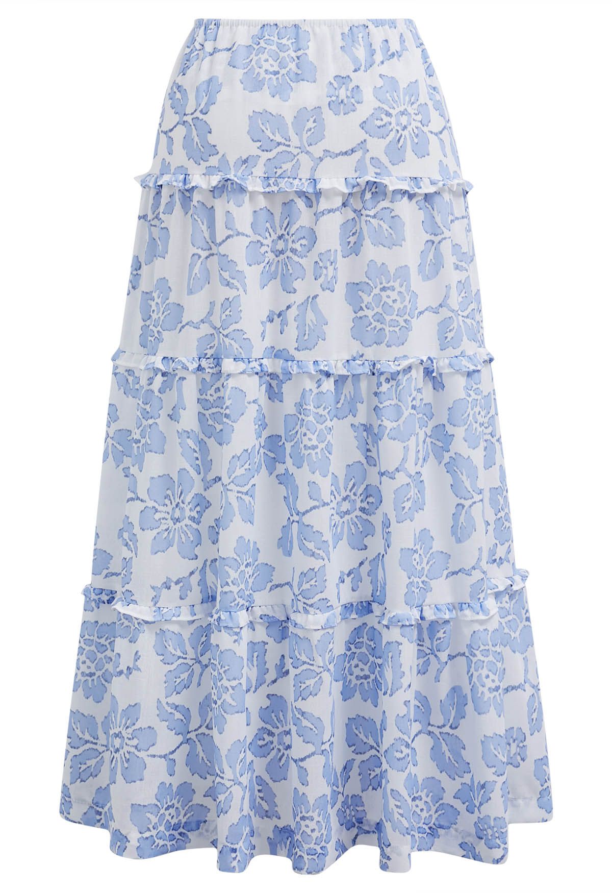 Sunny Blooms Ruffle Trim A-Line Skirt in Blue