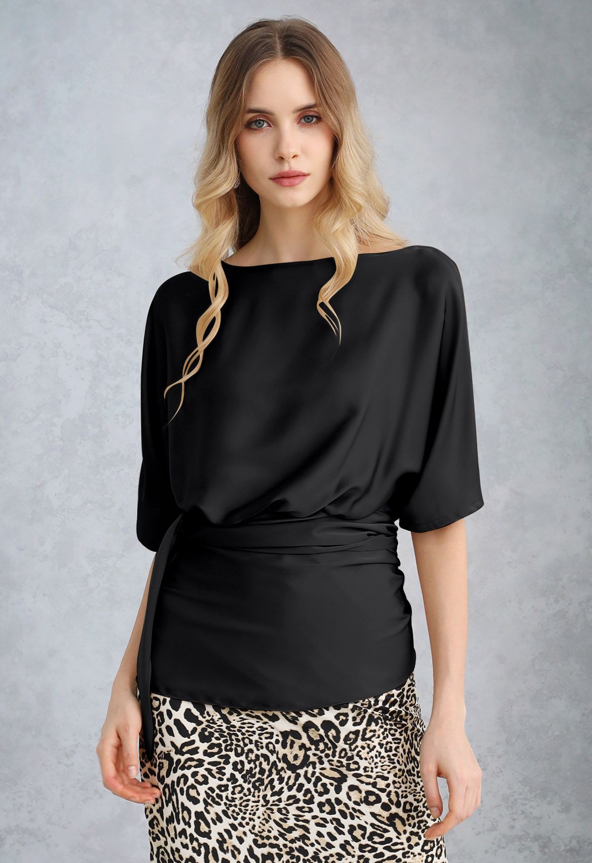 Boat Neck Tie-Waist Satin Top in Black