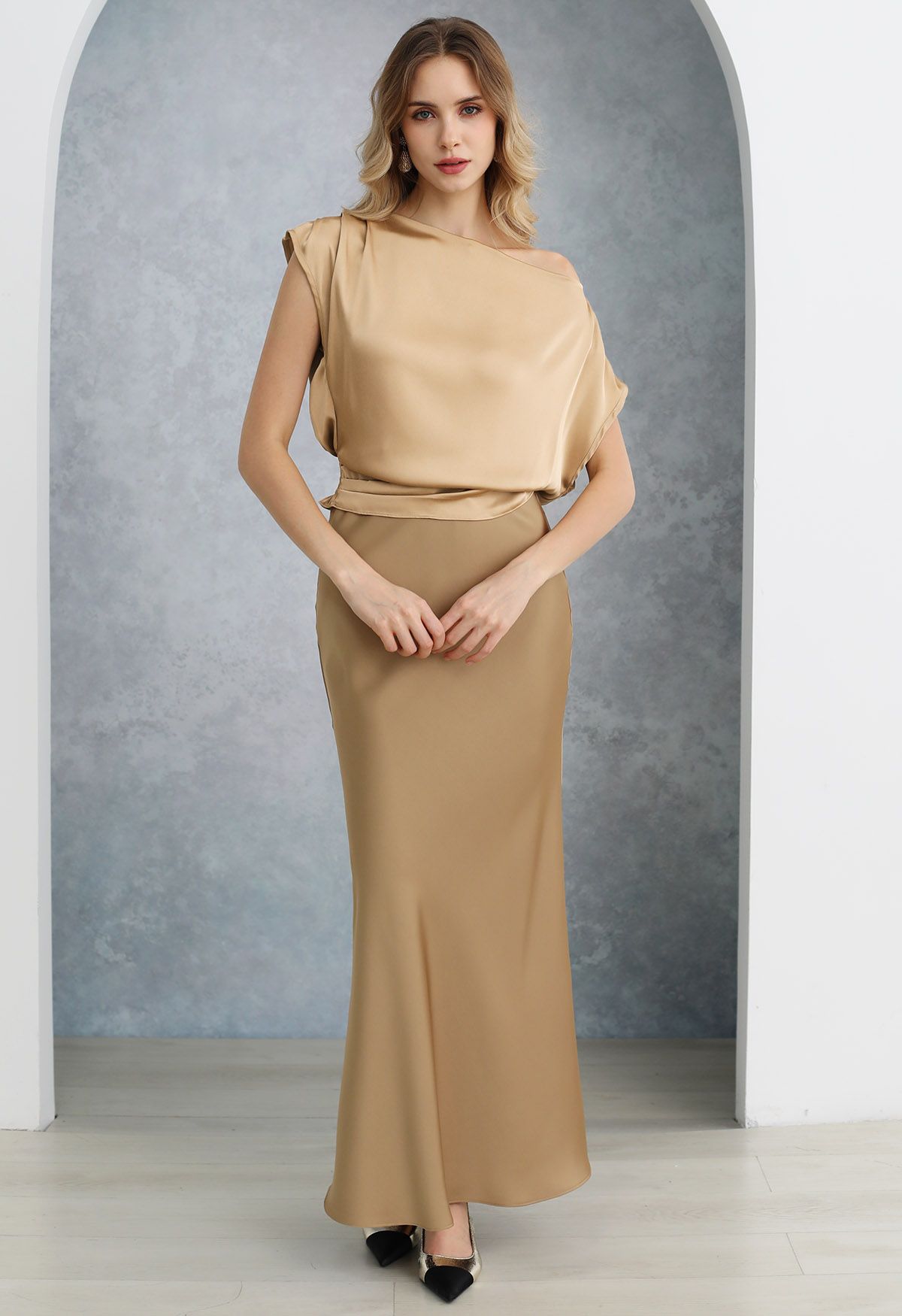 One-Shoulder Shirred Back Satin Top in Gold