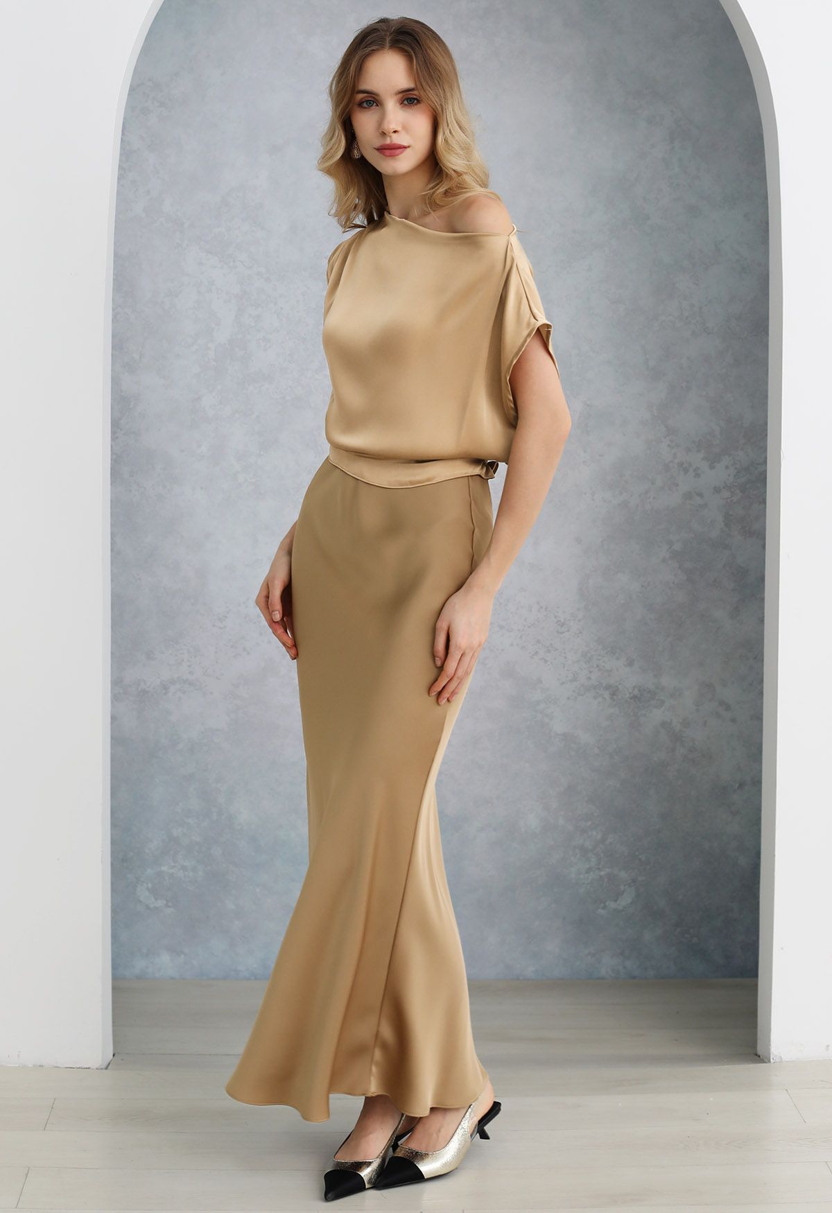 One-Shoulder Shirred Back Satin Top in Gold