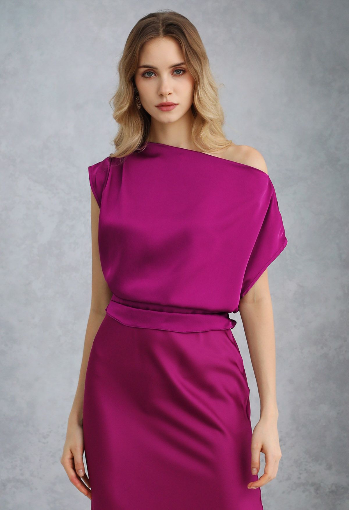 One-Shoulder Shirred Back Satin Top in Magenta