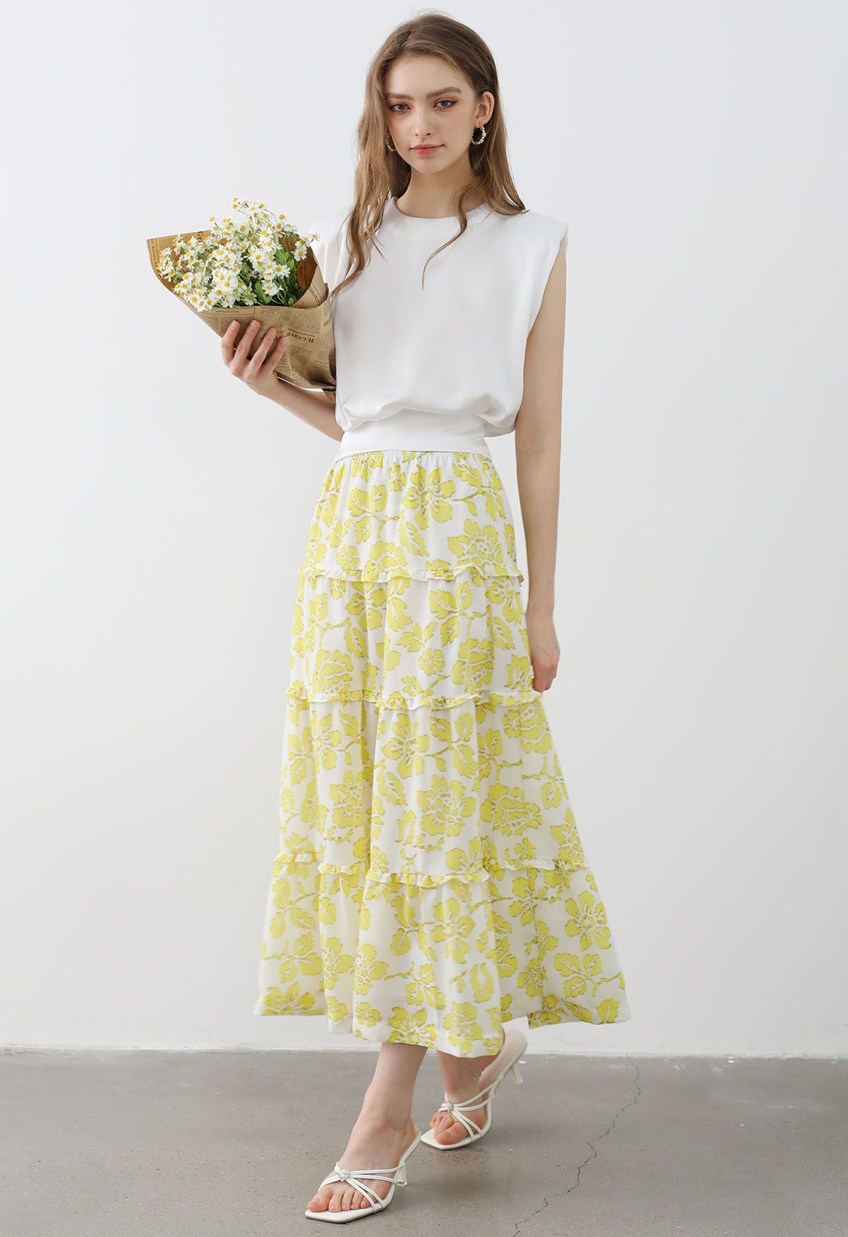 Sunny Blooms Ruffle Trim A-Line Skirt in Yellow