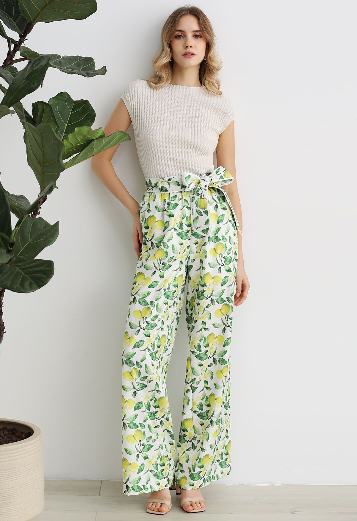 Fresh Lemon Printed Wide-Leg Pants