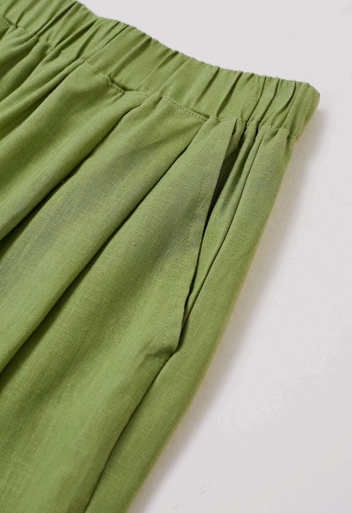 Side Pocket Wide-Leg Linen-Blend Pants in Green