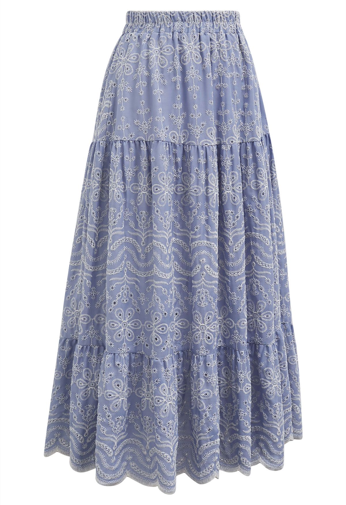 Chic Blue Embroidered Floral Midi Skirt