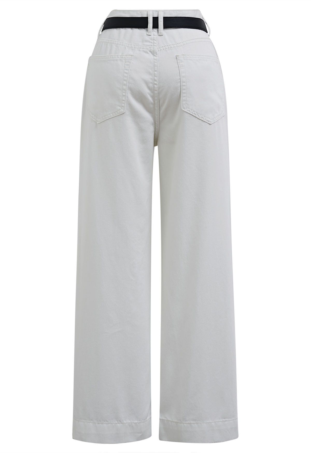 Shimmery White Straight-Leg Belted Jeans