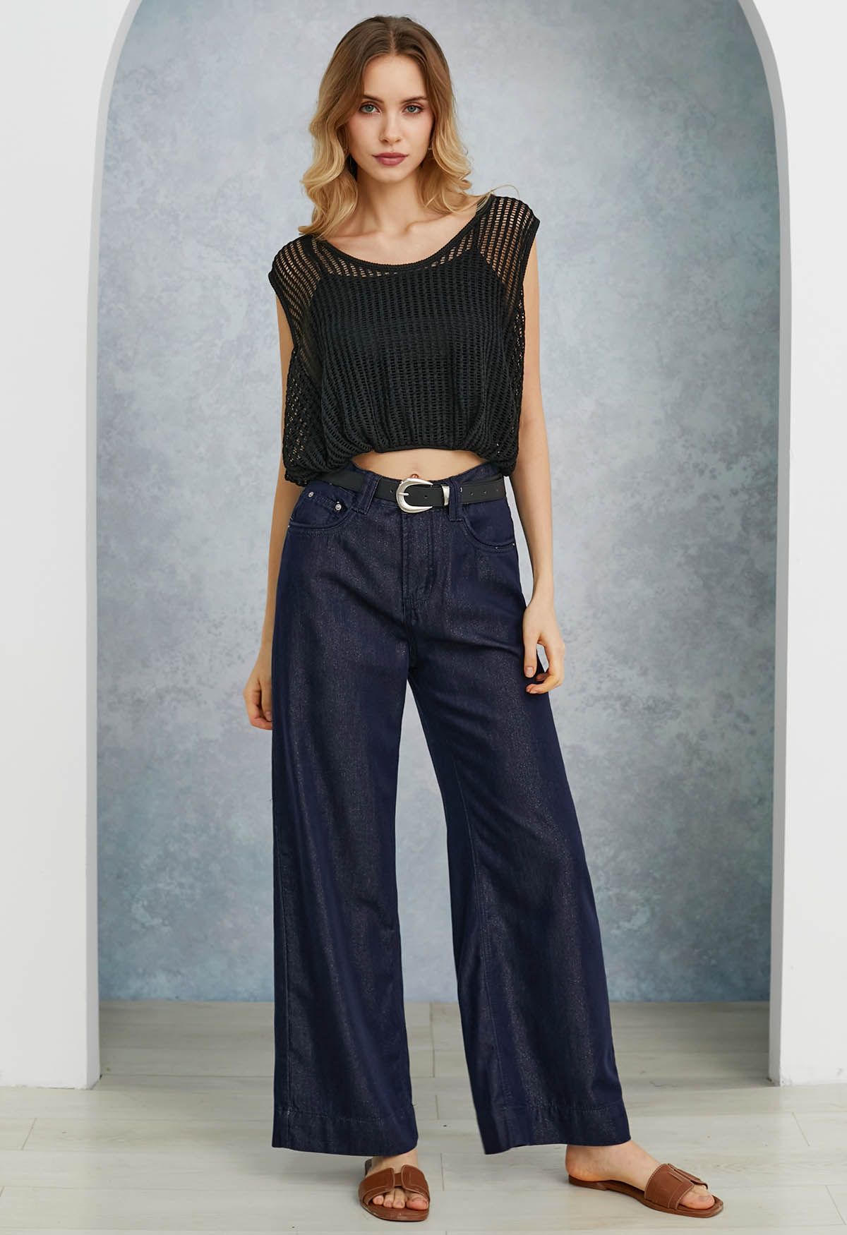 Shimmery Navy Straight-Leg Belted Jeans