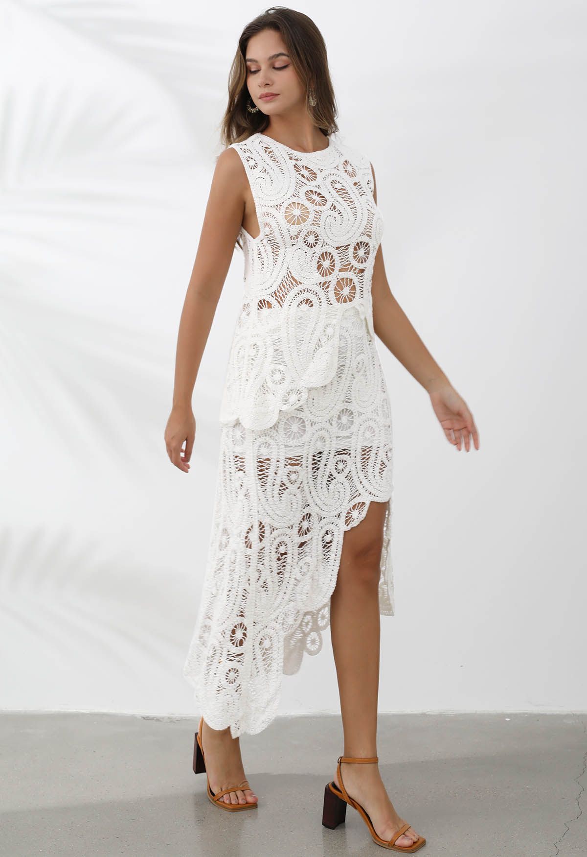 Paisley Cutwork Lace Asymmetric Sleeveless Top