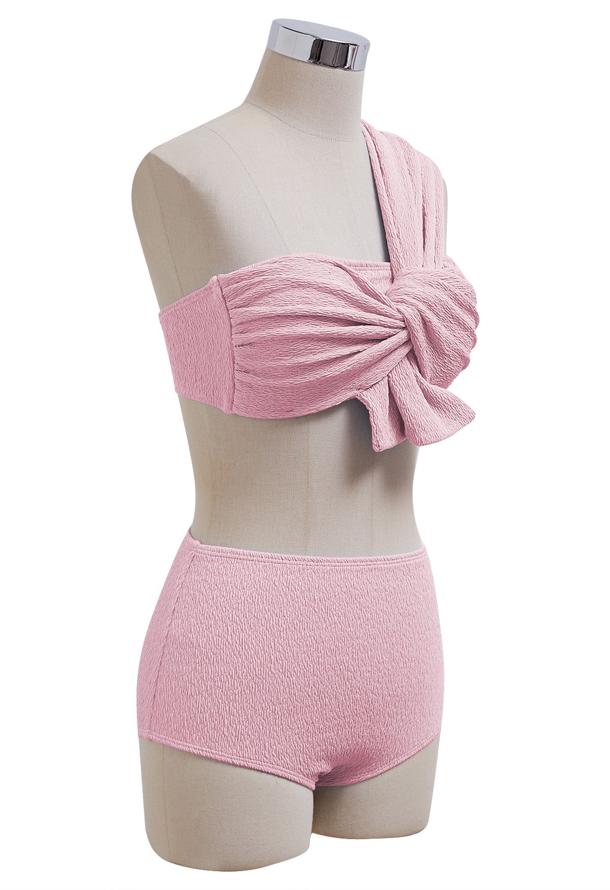 One-Shoulder Knotted Texture Bikini Set in Pink