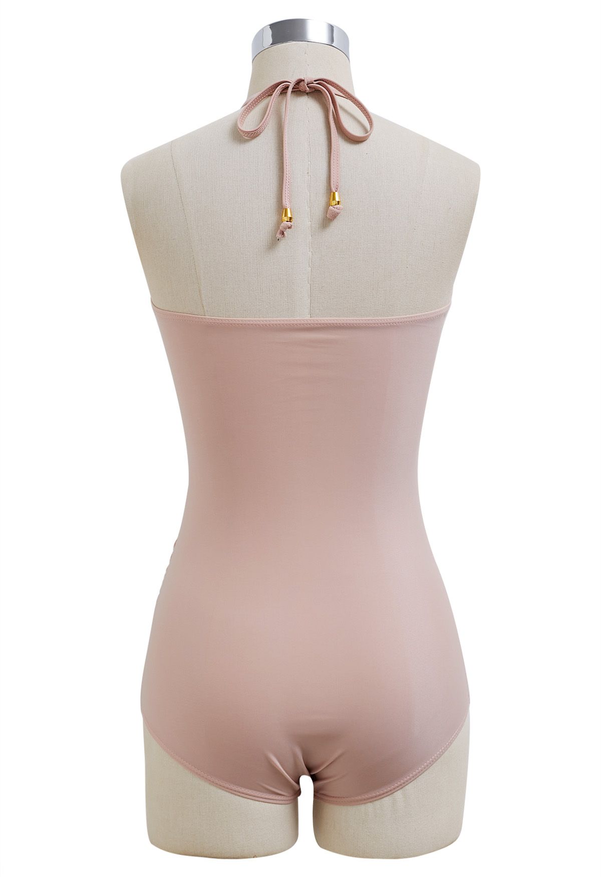 Solid Color Drawstring Halter Neck Swimsuit in Dusty Pink