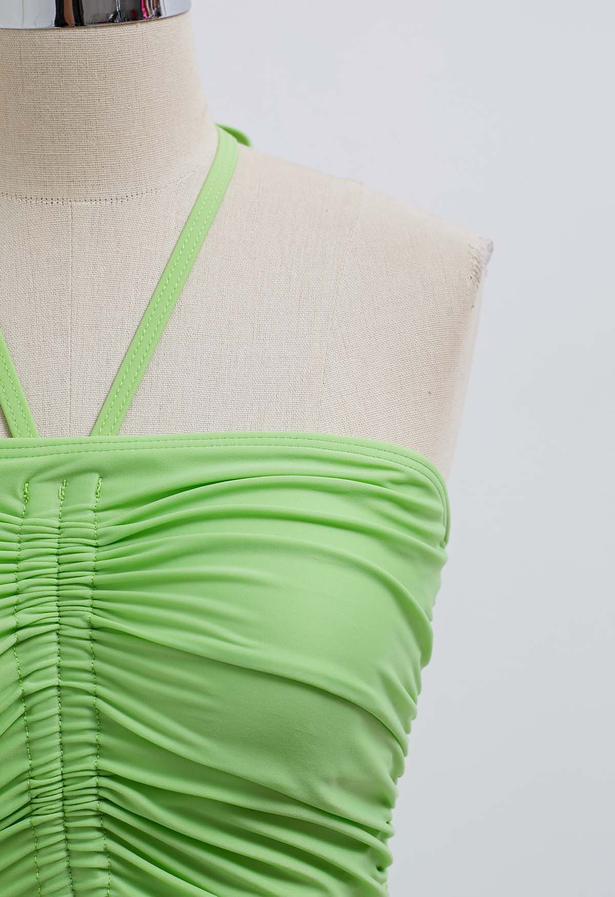 Solid Color Drawstring Halter Neck Swimsuit in Green