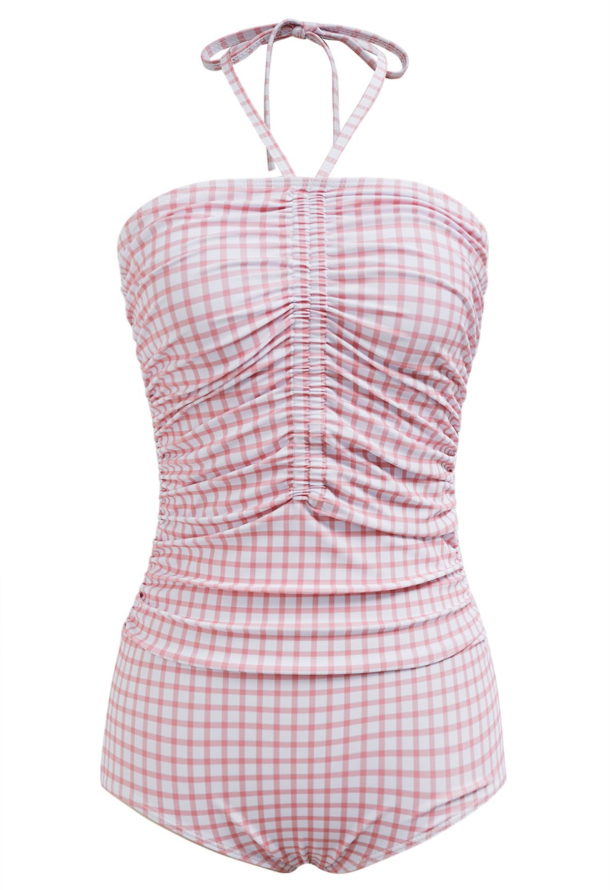 Gingham Drawstring Halter Neck Swimsuit in Pink