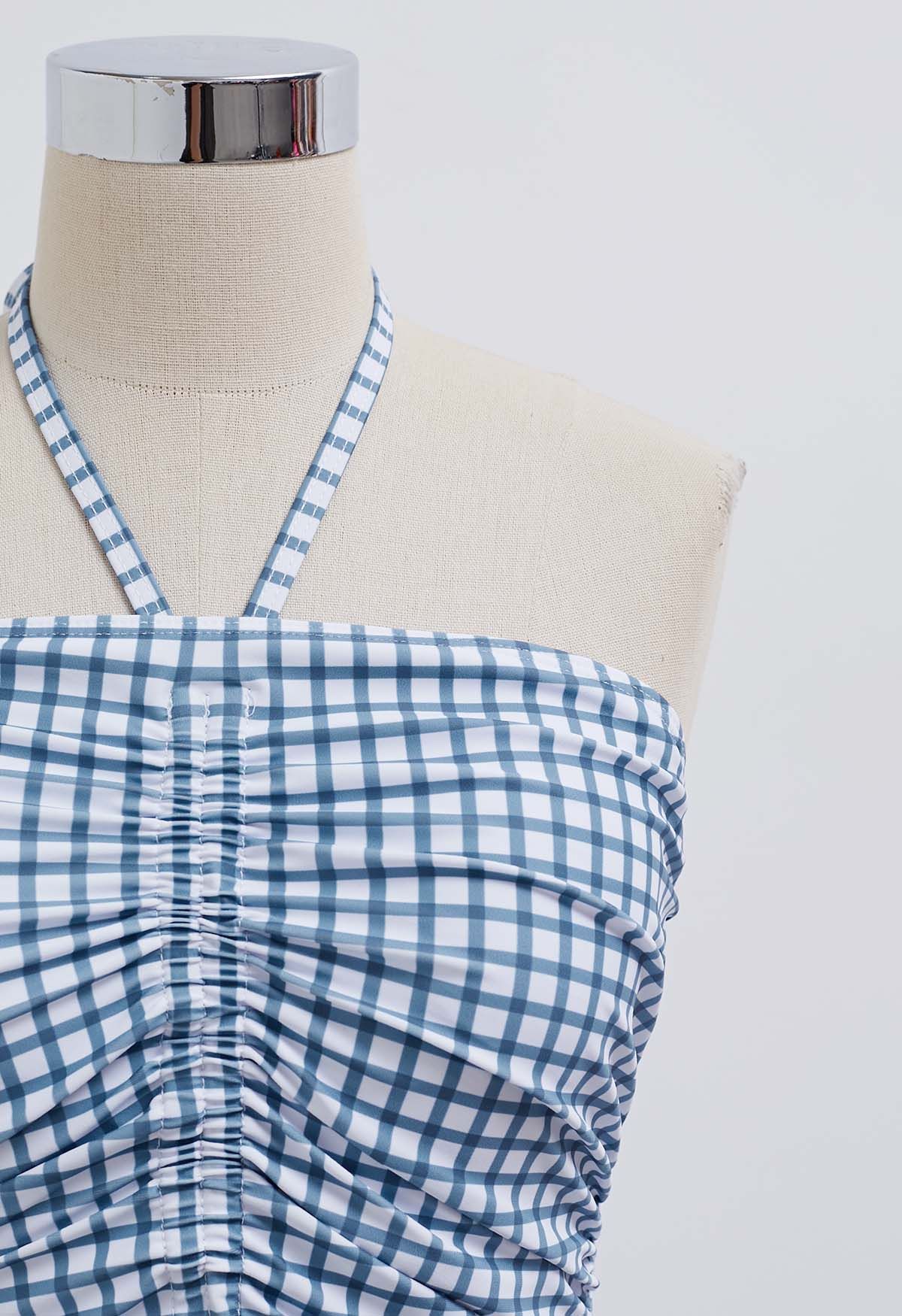 Gingham Drawstring Halter Neck Swimsuit in Blue