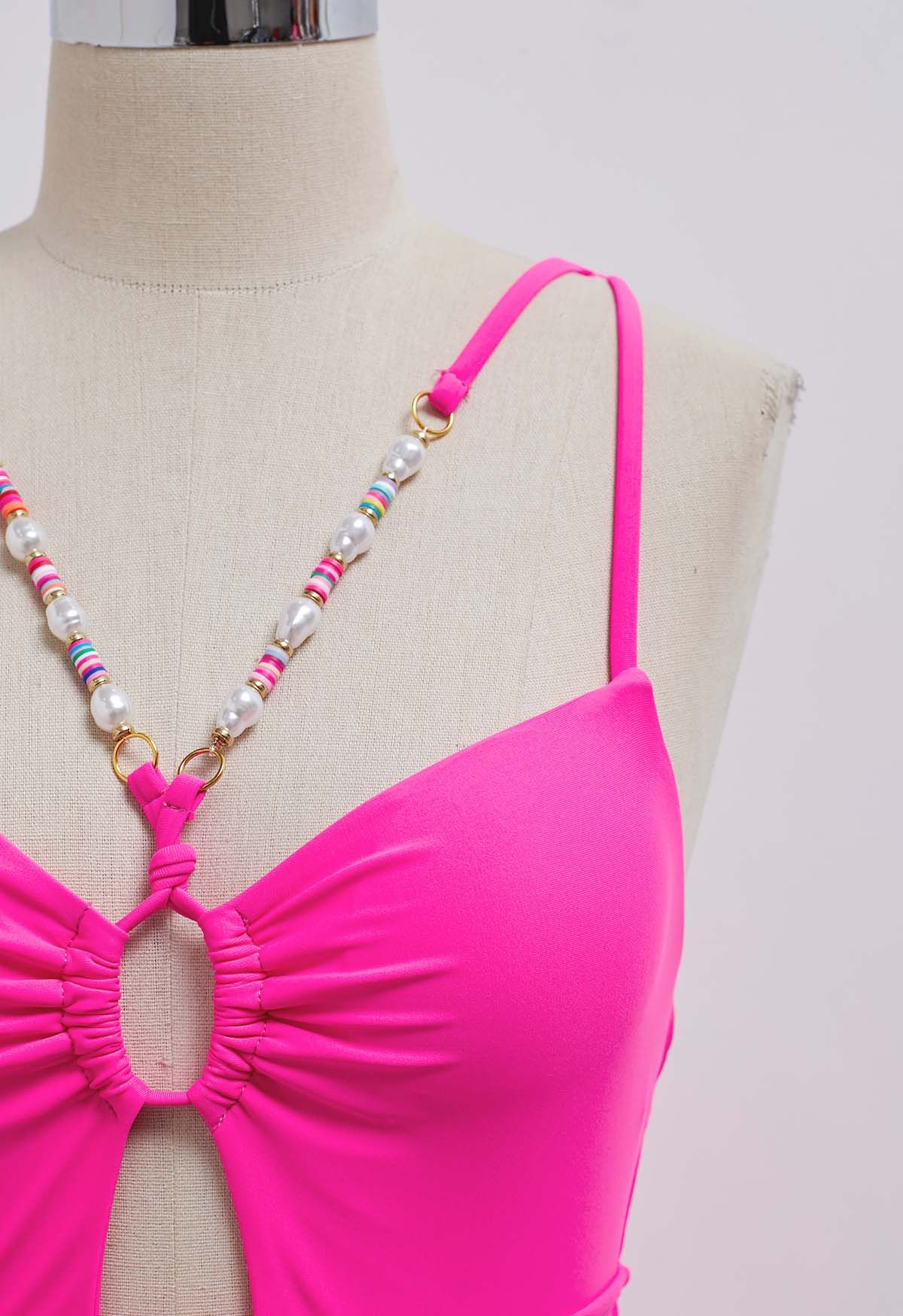 Hot Pink Beaded Trim Cut Out Swimsuit