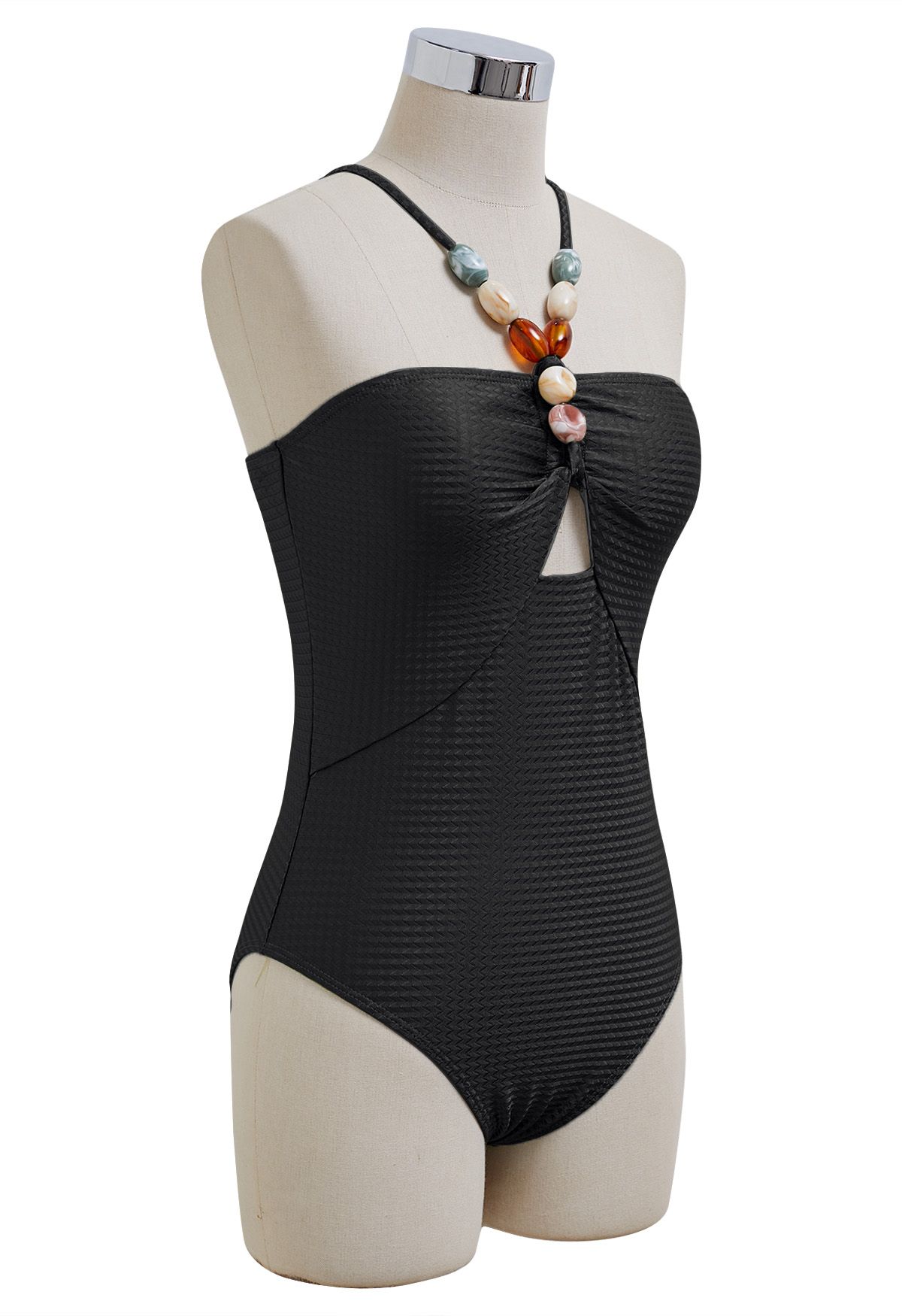 Resin Beads Halter Neck Texture Swimsuit in Black