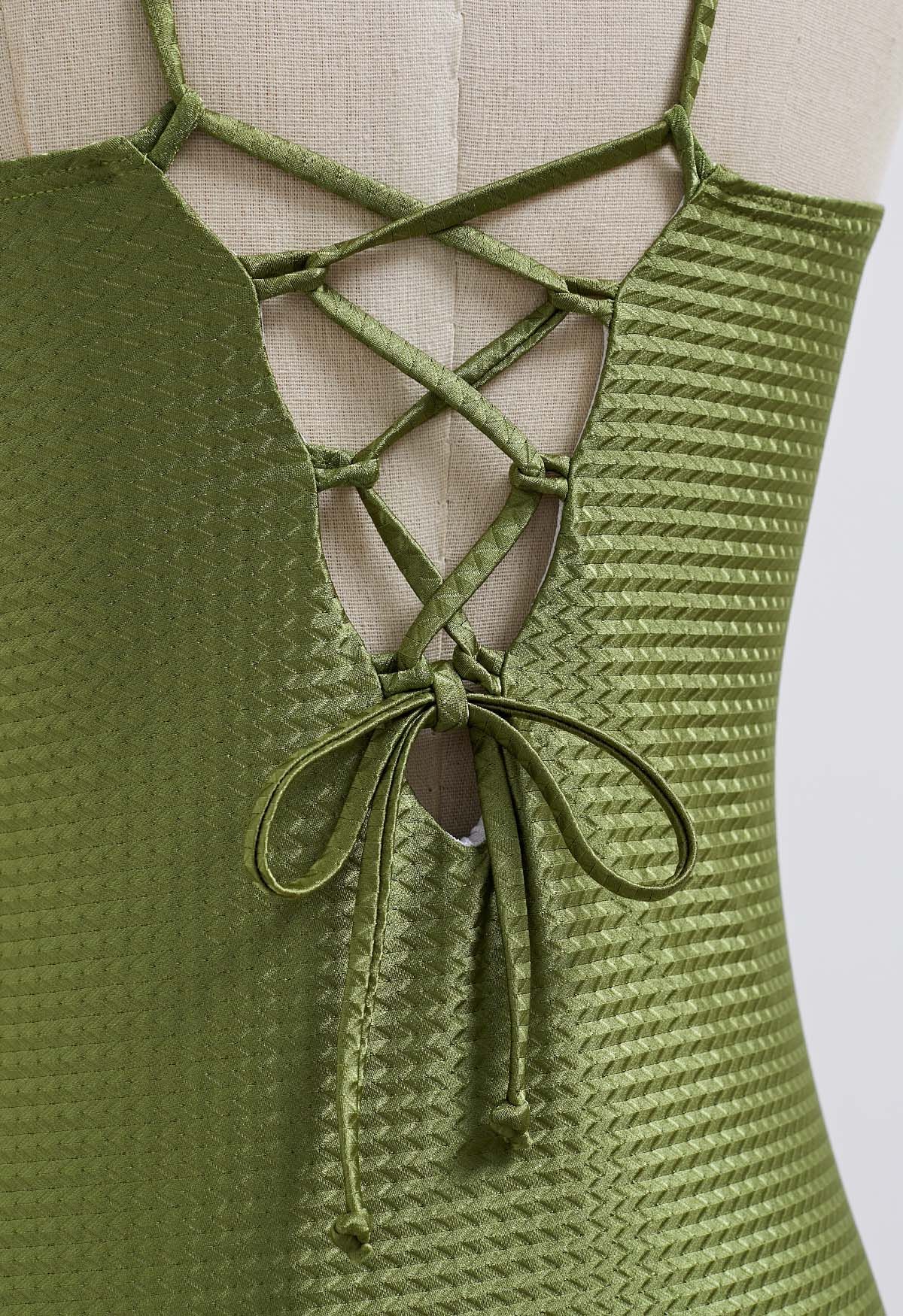 Resin Beads Halter Neck Texture Swimsuit in Army Green