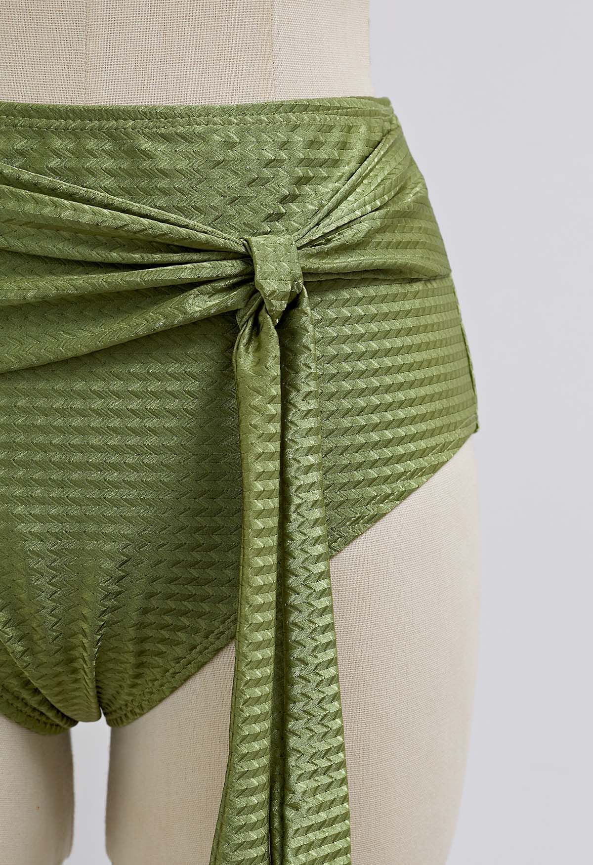 Resin Bead Asymmetric Straps Bowknot Bikini Set in Army Green