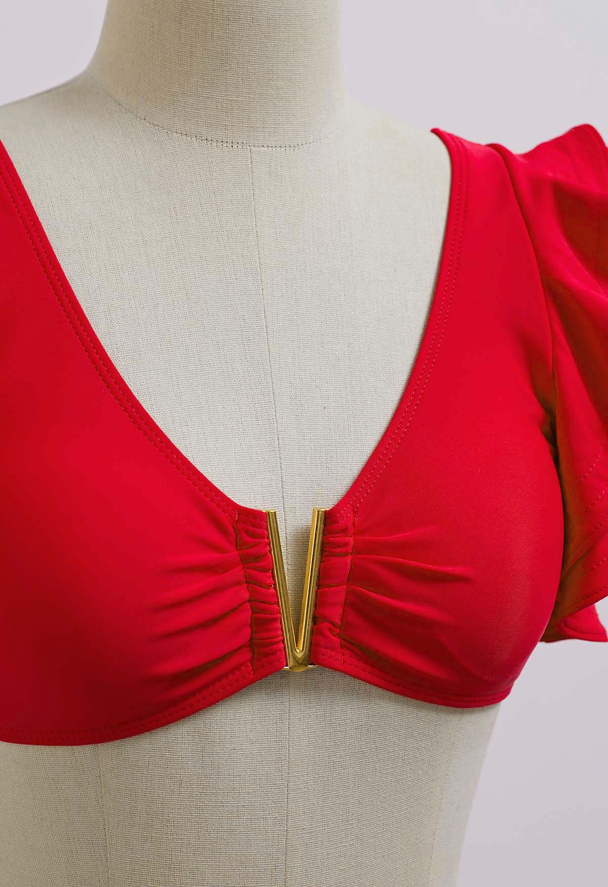 V-Shape Metal Trim Ruffle Bikini Set in Red