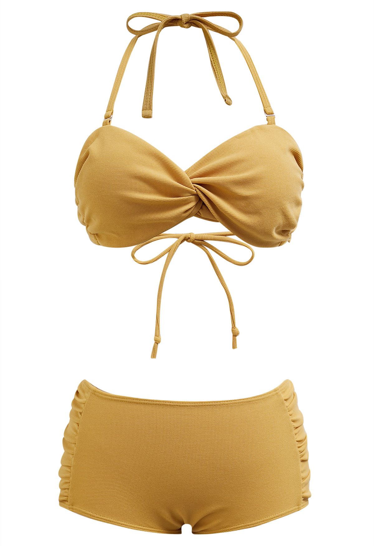 Twisted Detail Side Ruched Halter Bikini Set in Mustard