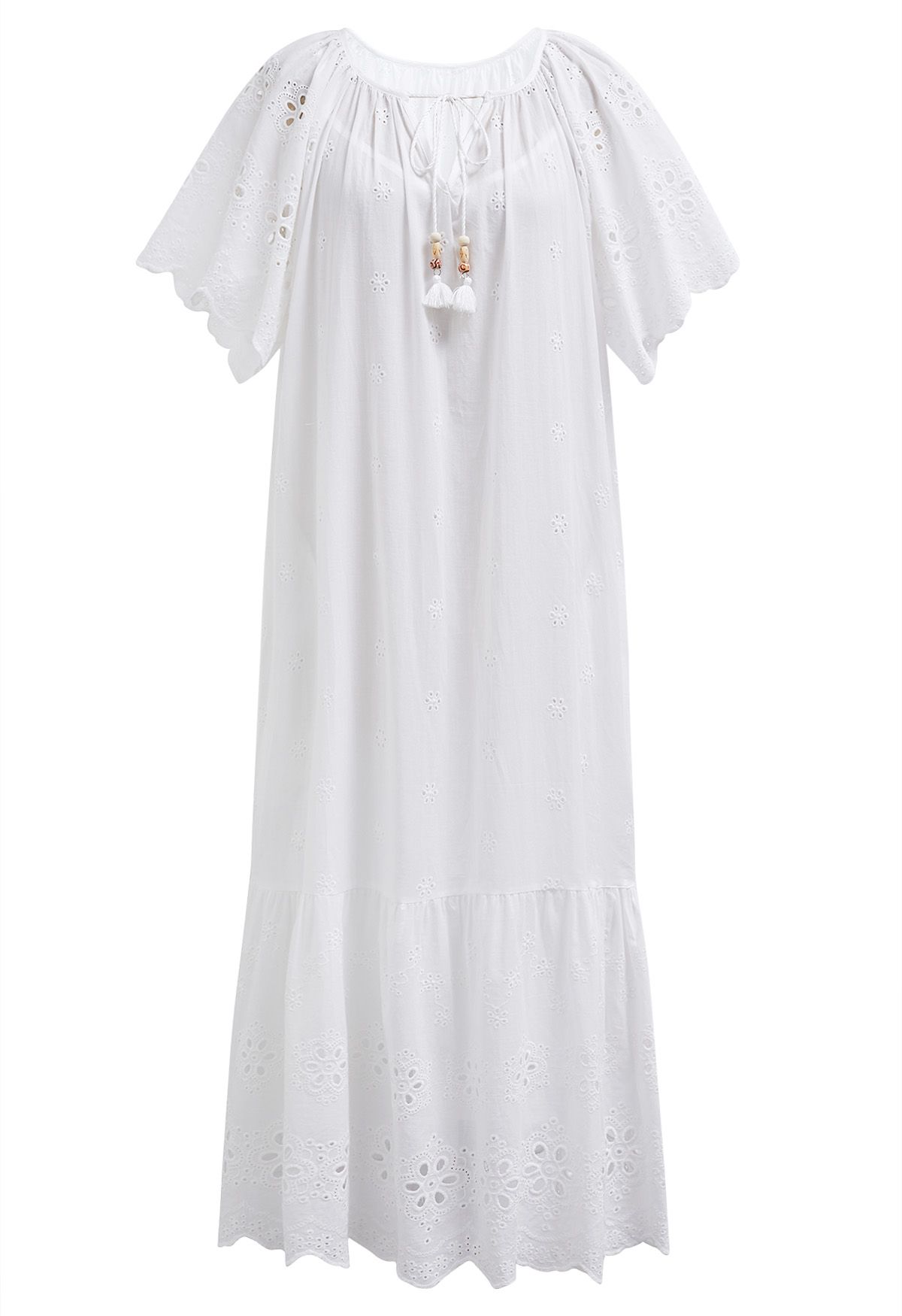 V-Neck Floral Embroidery Eyelet Dolly Dress in White