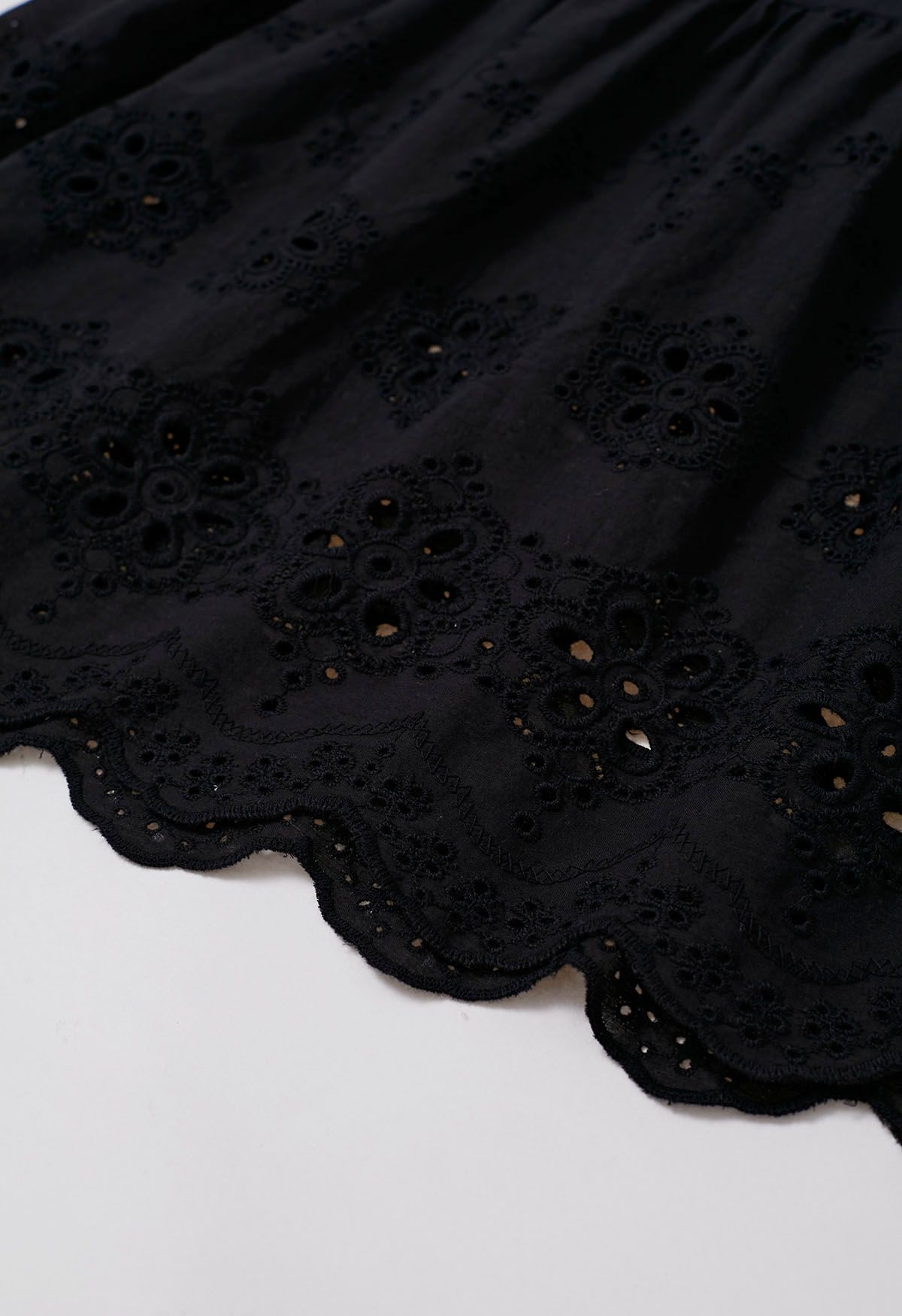 V-Neck Floral Embroidery Eyelet Dolly Dress in Black