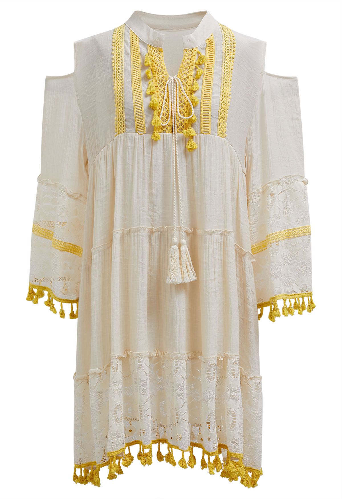 Cutwork Lace Tassel Trim Dolly Dress in Cream