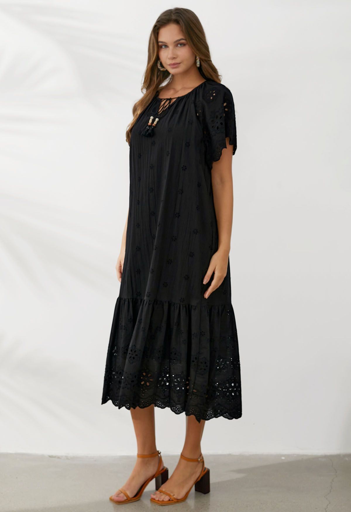 V-Neck Floral Embroidery Eyelet Dolly Dress in Black