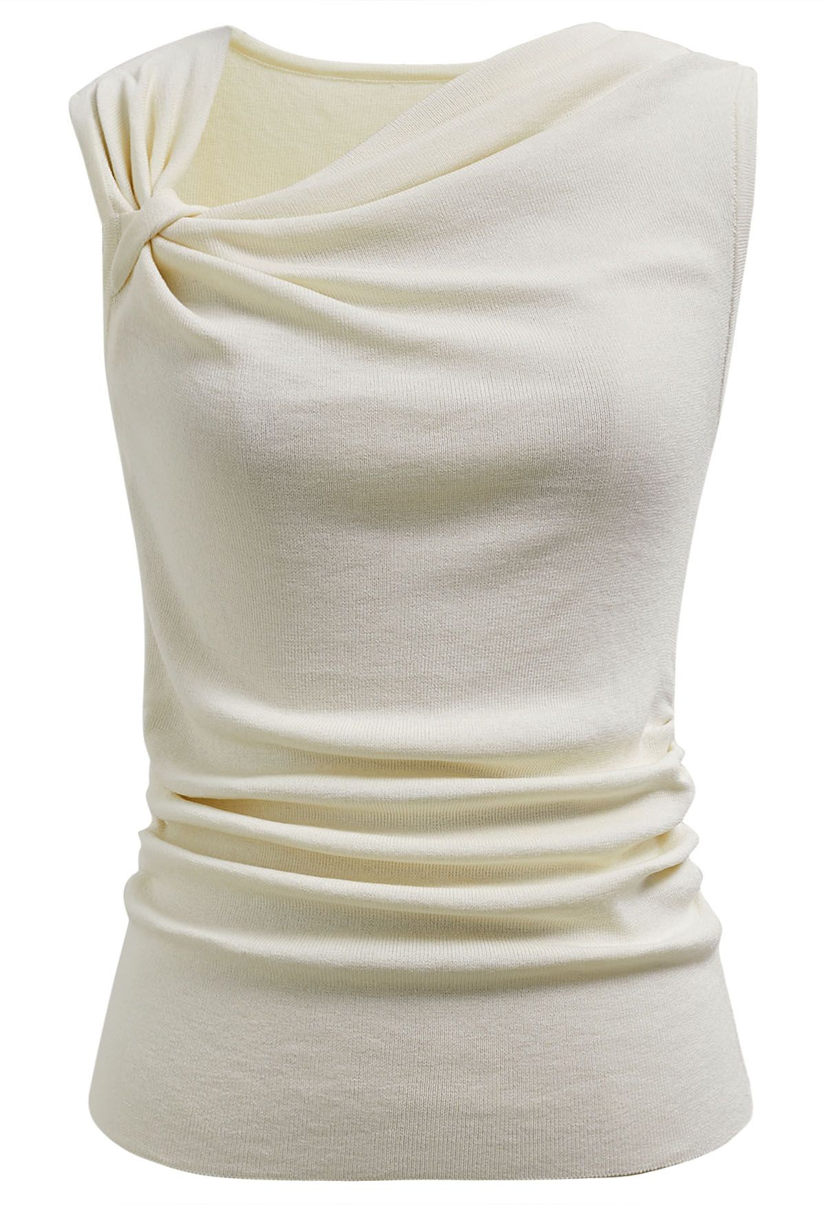 Side Knot Ruched Sleeveless Knit Top in Cream