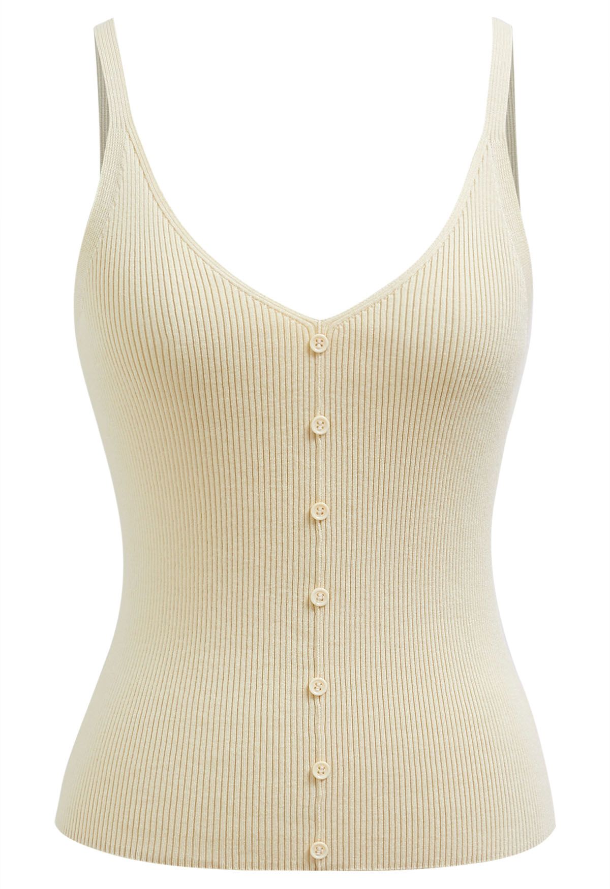 Button Decorated Ribbed Knit Tank Top in Cream