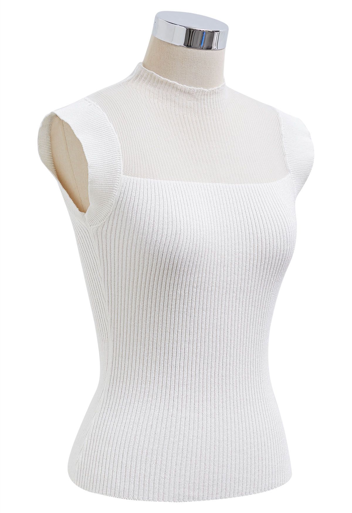 Cutout Mesh Mock Neck Metallic Knit Top in White