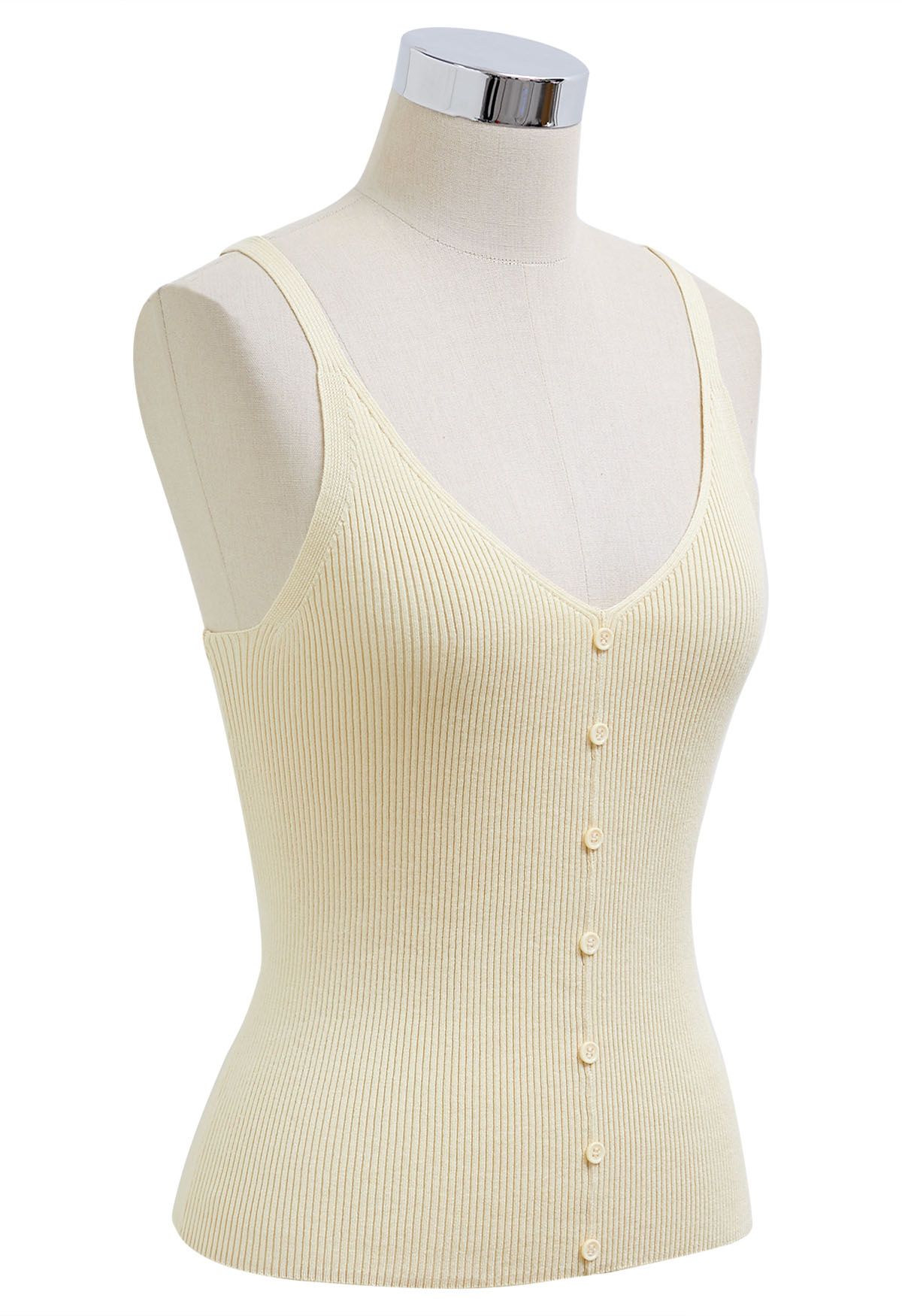 Button Decorated Ribbed Knit Tank Top in Cream