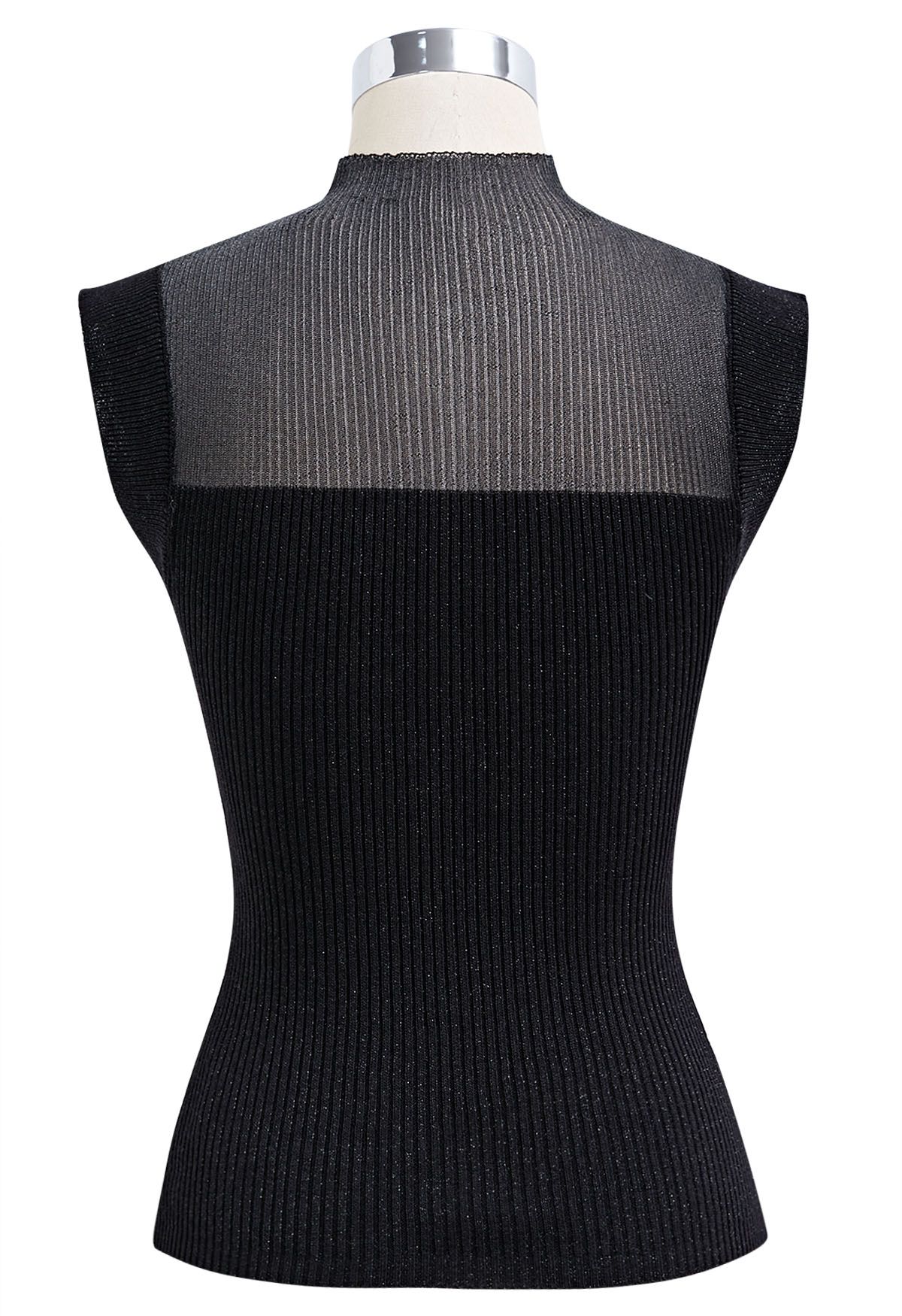 Cutout Mesh Mock Neck Metallic Knit Top in Black