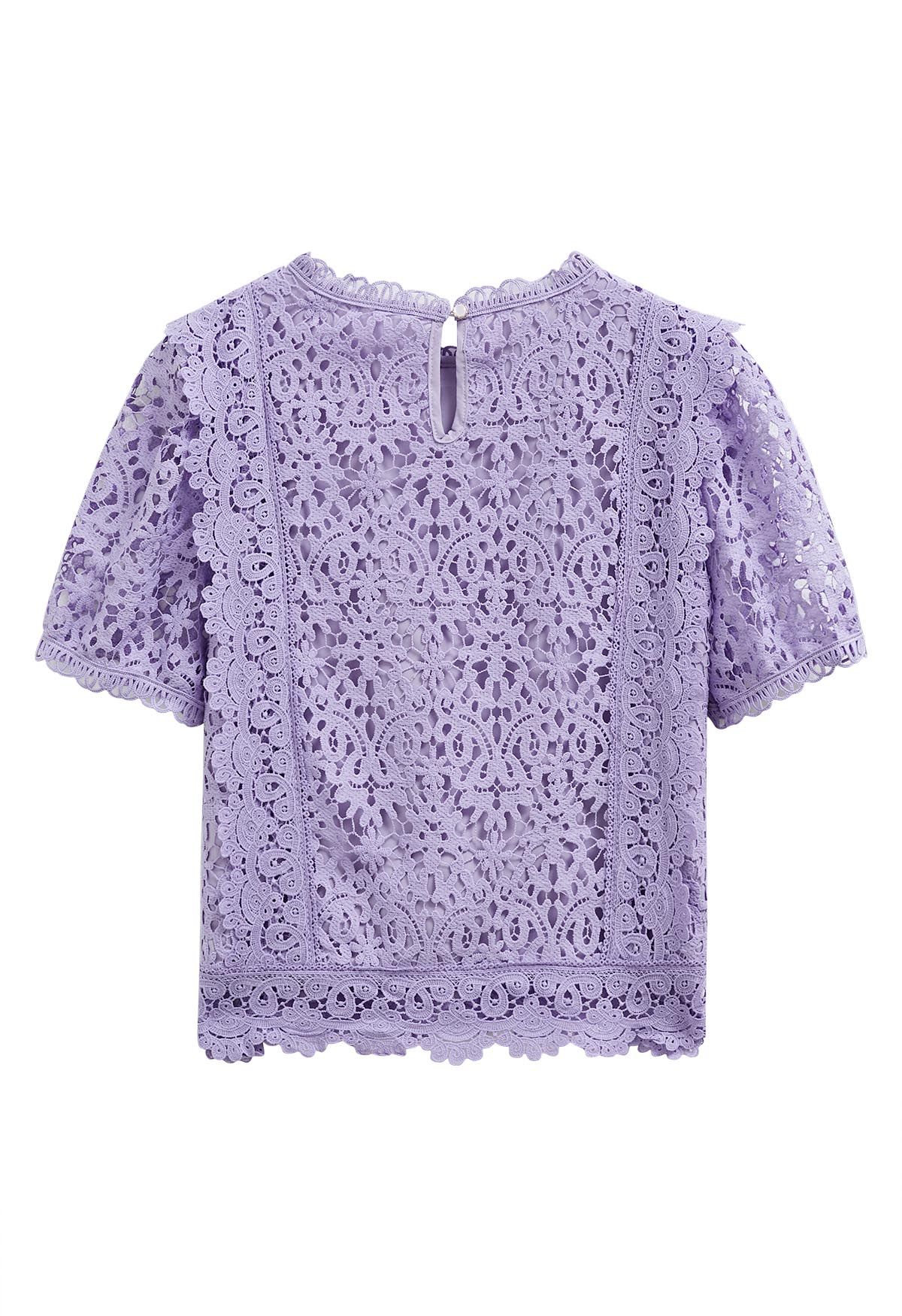 Floral Guipure Lace Short Sleeve Top  in Lilac