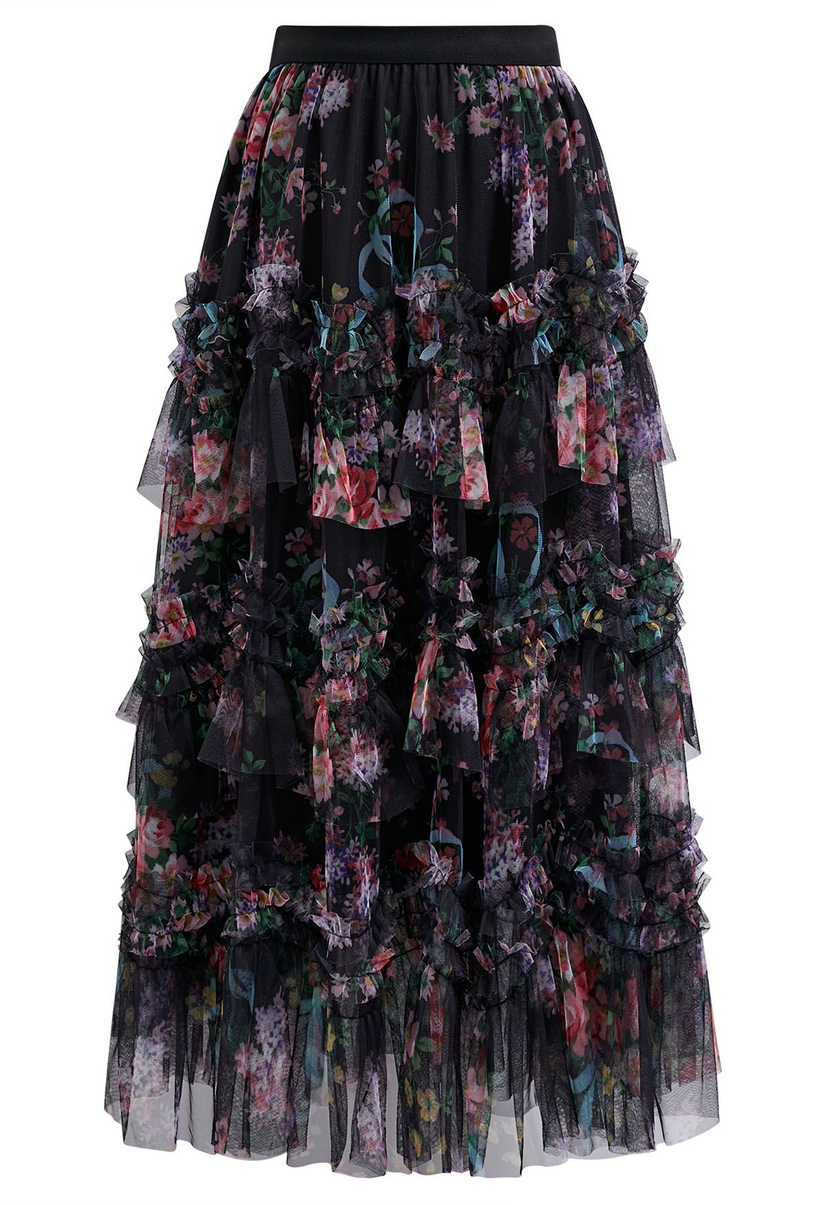 Fairy Dream Floral Ruffle Mesh Midi Skirt in Black