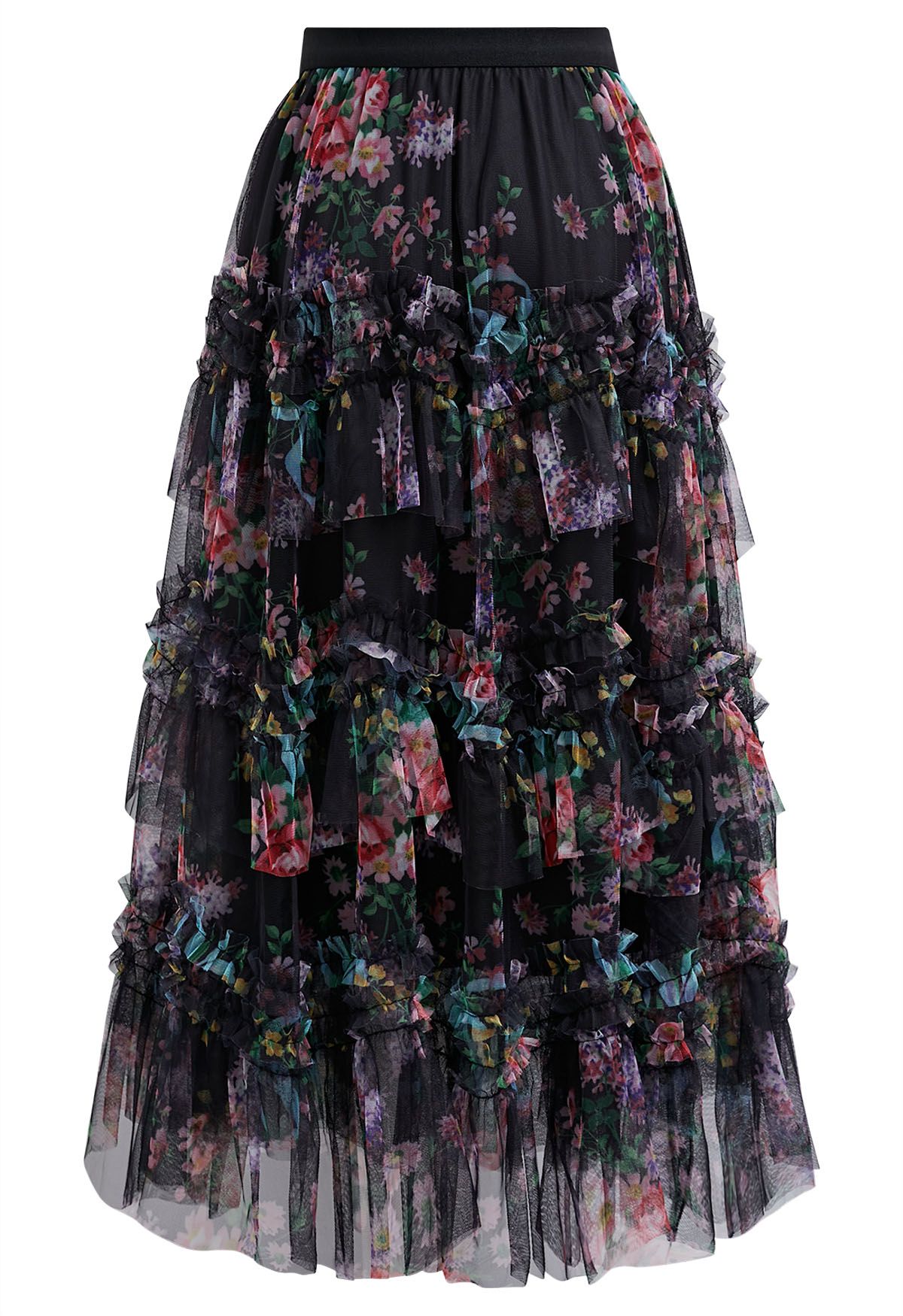 Fairy Dream Floral Ruffle Mesh Midi Skirt in Black