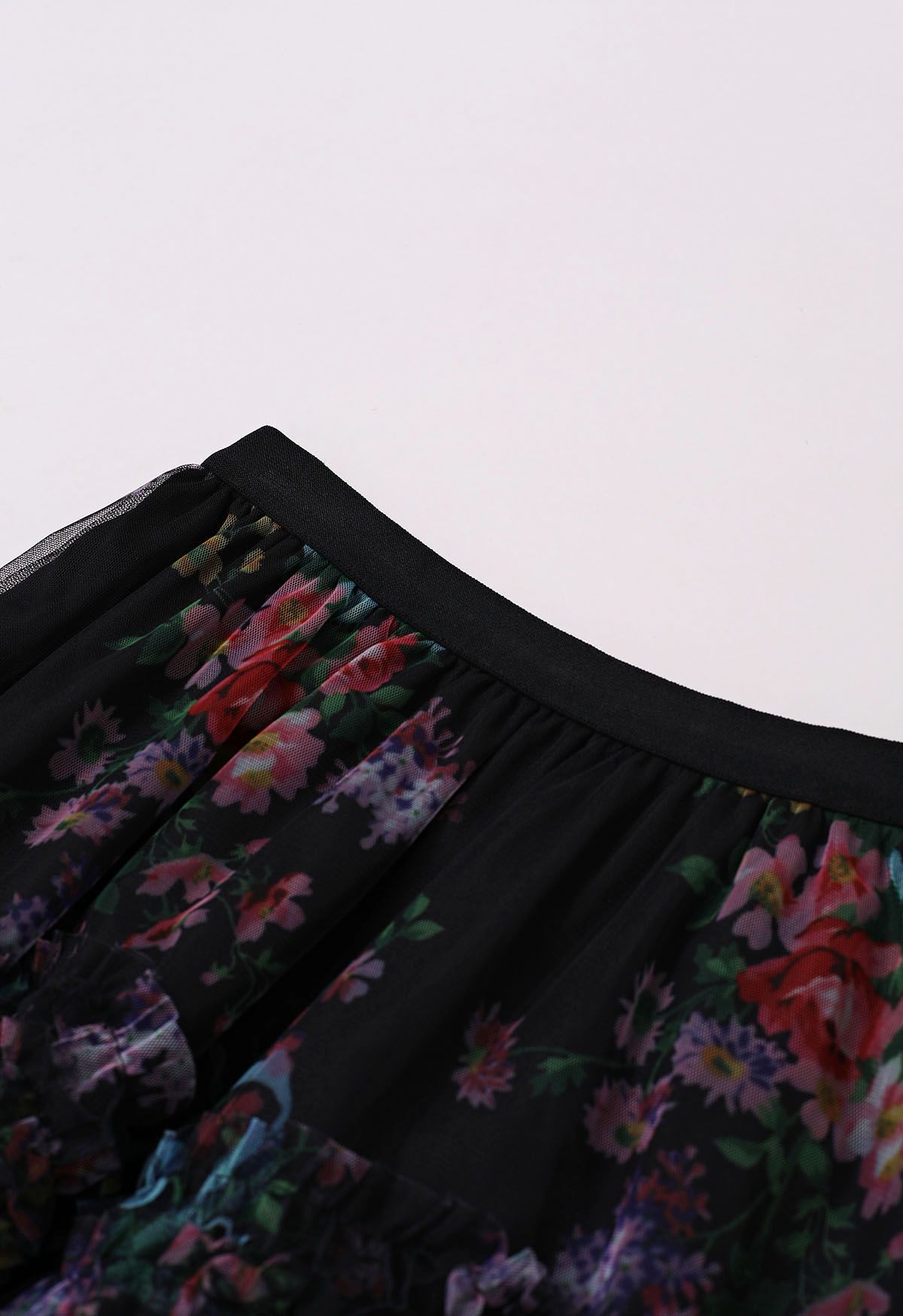 Fairy Dream Floral Ruffle Mesh Midi Skirt in Black