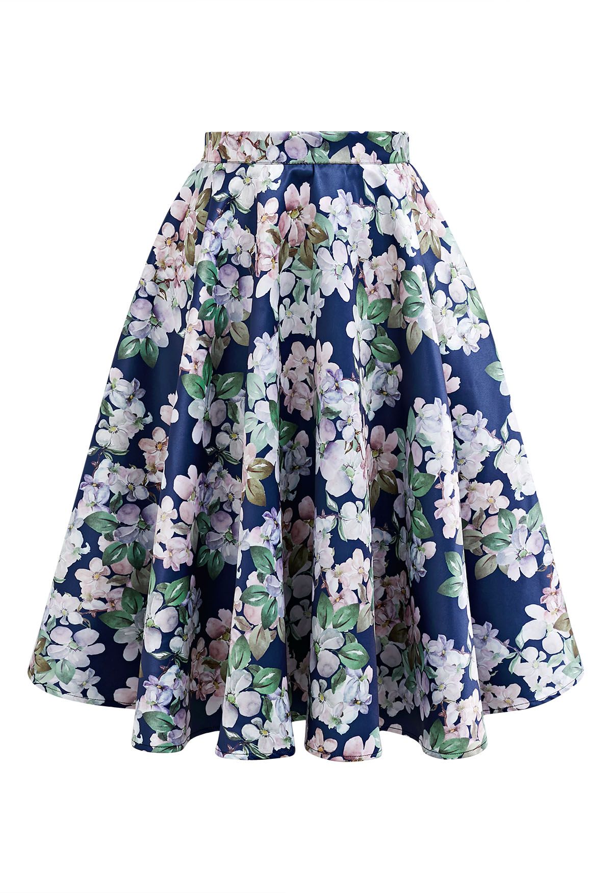 Bright Floral Printed Flare Midi Skirt in Navy